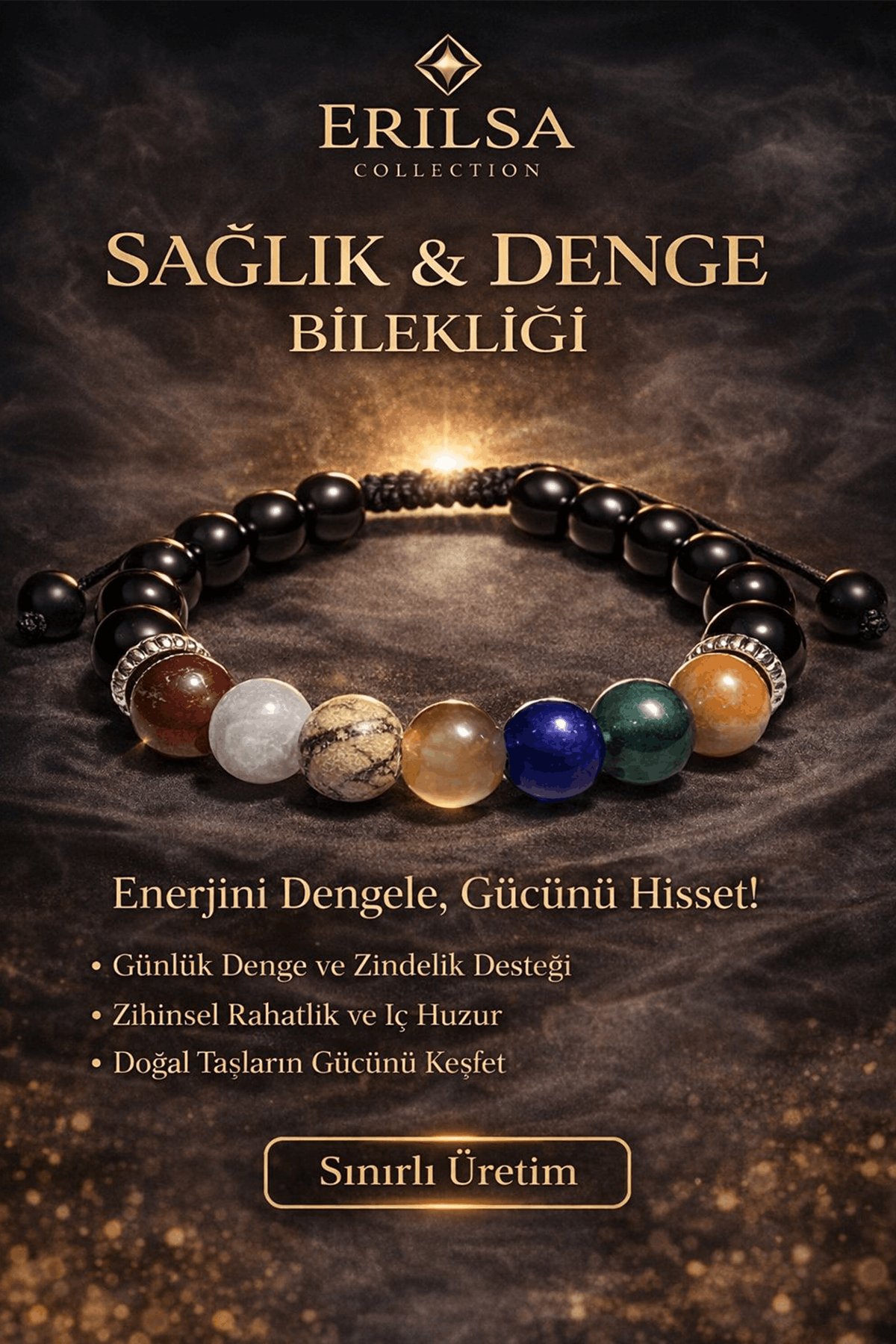 Sertifikalı Doğal Taş Şifa Denge Bilekliği - Kuvars Akik Jasper Florit Obsidyen Taşı