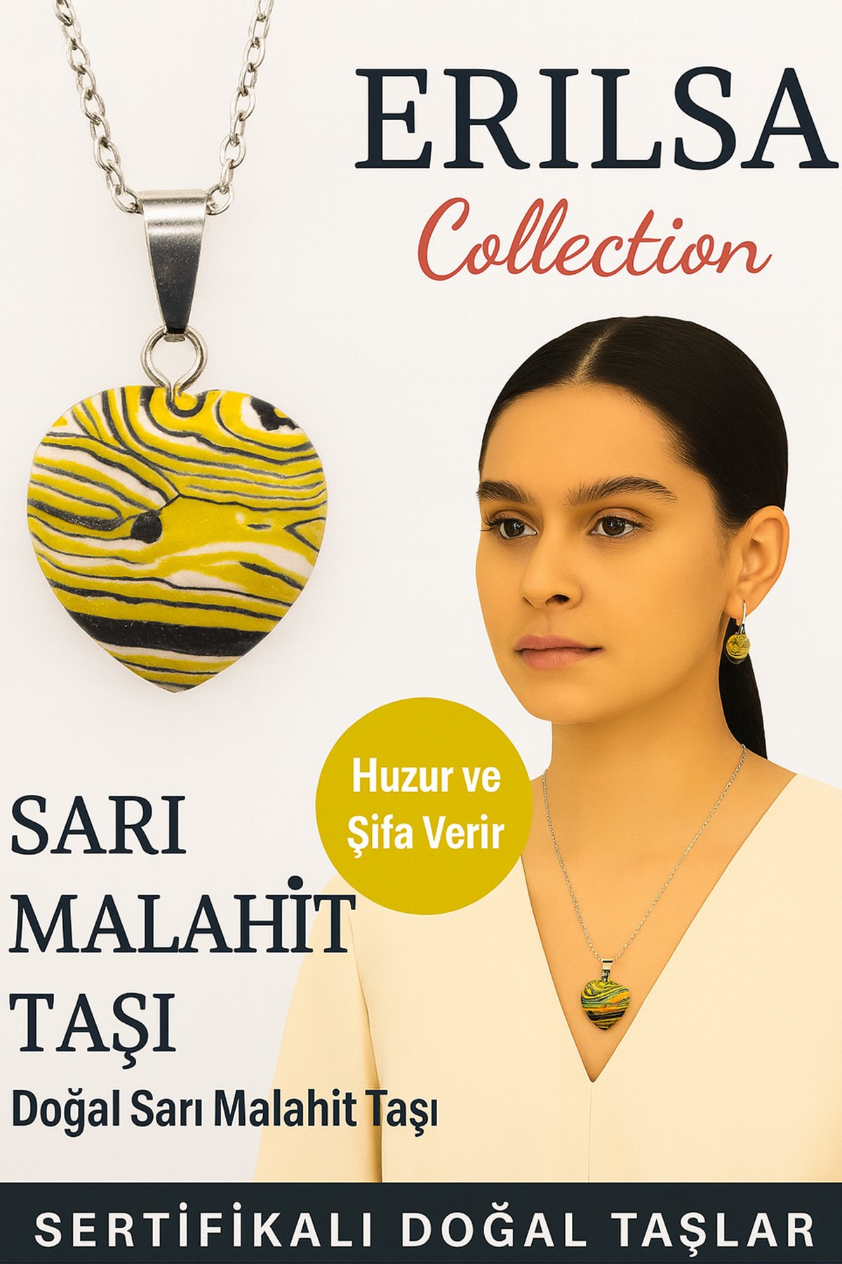 Sertifikalı Kalp Model Sarı Malahit Doğal Taş Kolye – Huzur ve Şifa Verir