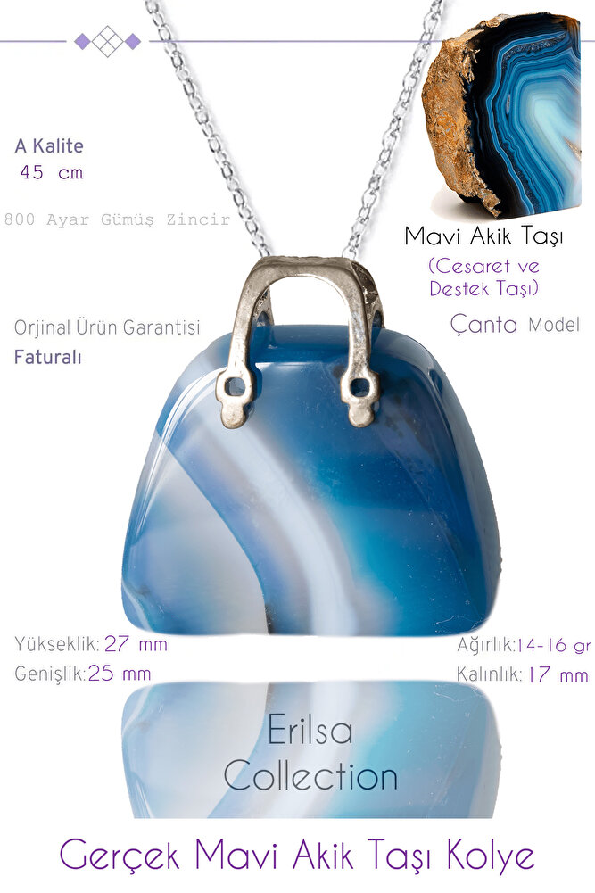 Sertifikalı Çanta Model Mavi Akik Taşı Kolye