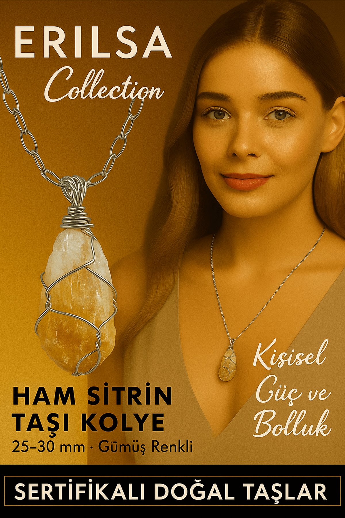 Sertifikalı Gümüş Tel Sargılı Diş Formu Sitrin Taşı Kolye – 25-30 mm Bereket ve Enerji Taşı