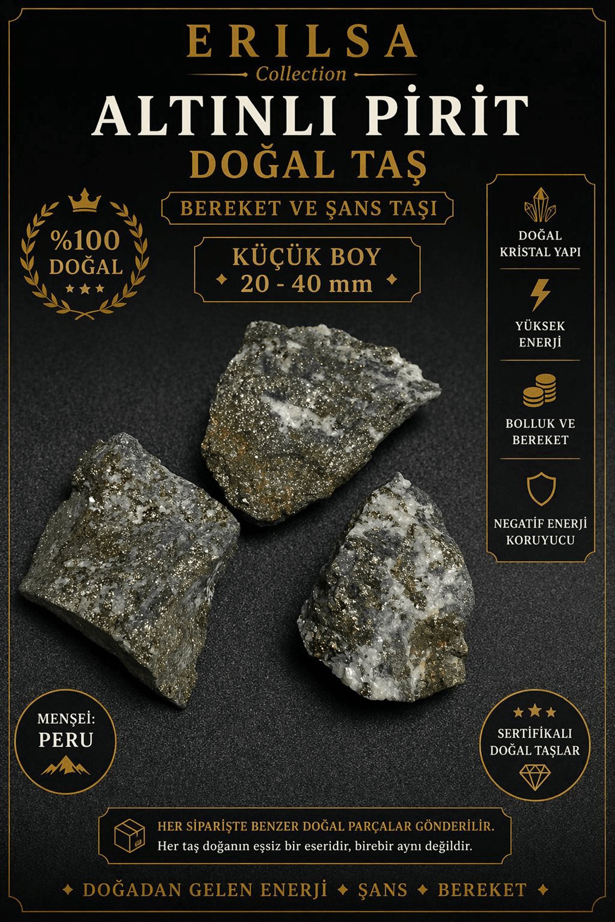 Sertifikalı Altınlı Pirit Taşı Kütle 20-40 mm Küçük Boy Doğal Taş Kütle