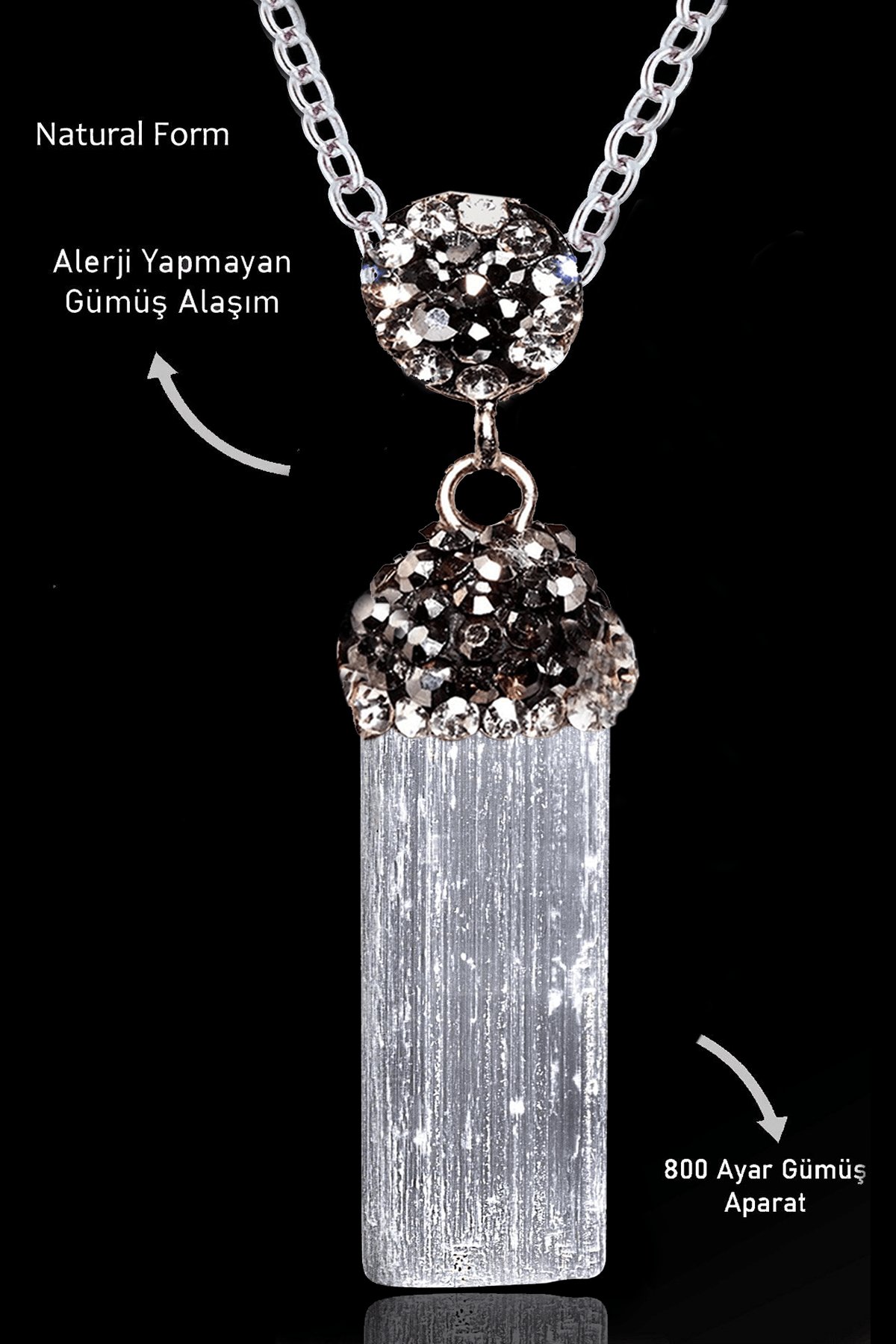 Sertifikalı Zirkon Taşlı Model Ham İşlenmemiş Selenit Taşı Kolye