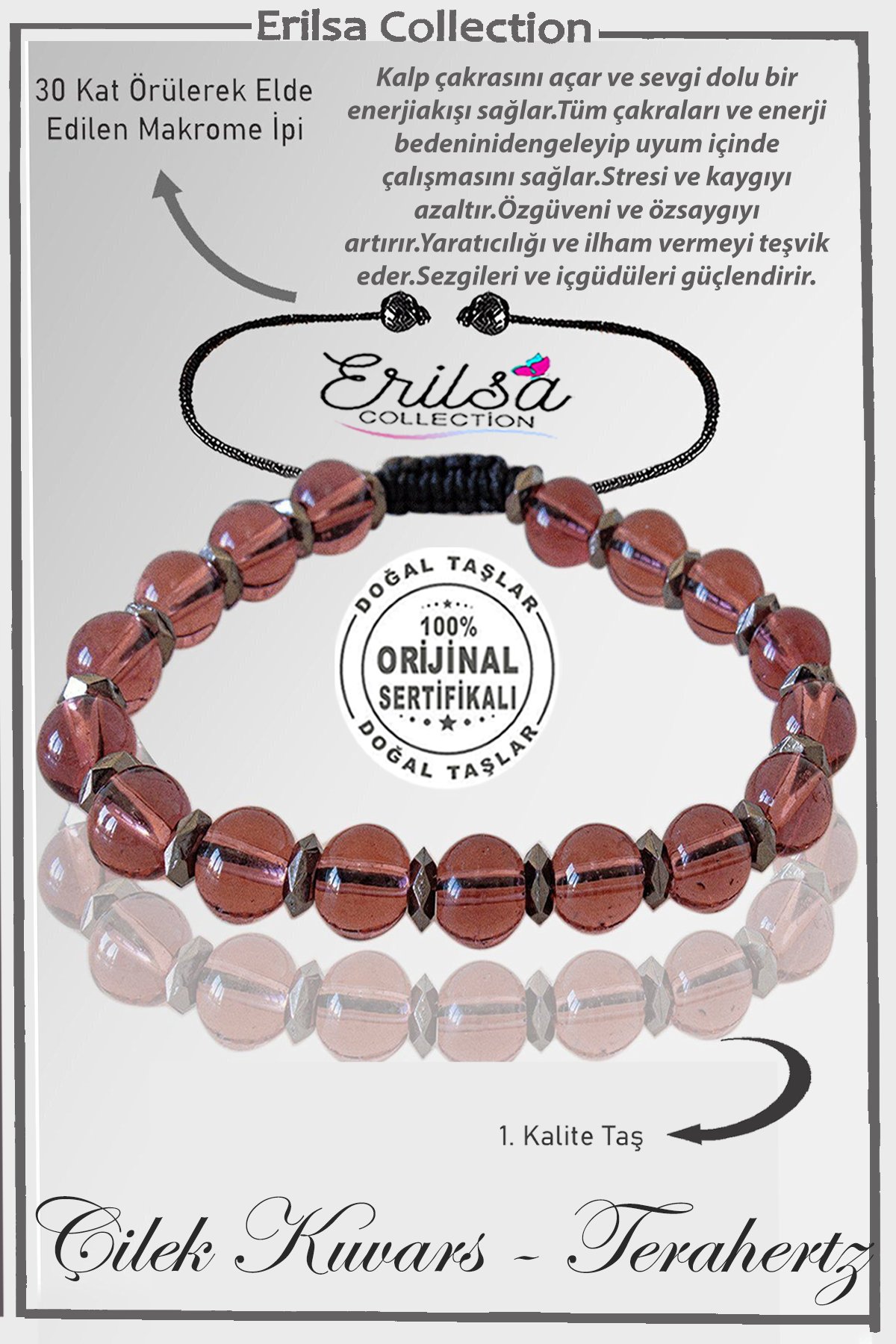 Sertifikalı Silver Fasetli Hematit - Çilek Kuvars Taşı Bileklik - Ayarlamalı