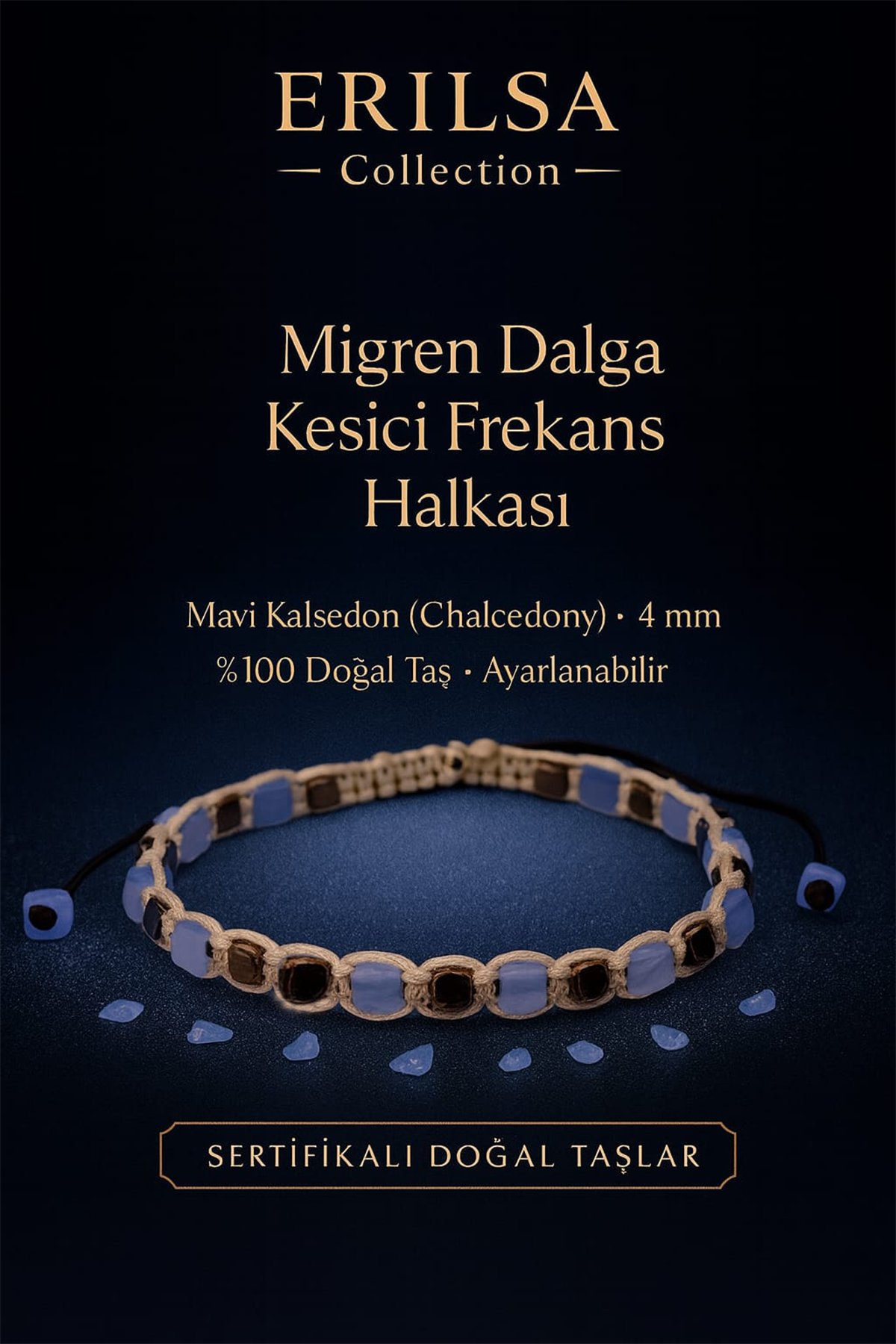 Sertifikalı Migren Dalga Kesici Frekans Halkası – Mavi Kalsedon (Chalcedony) 4 mm Ayarlanabilir