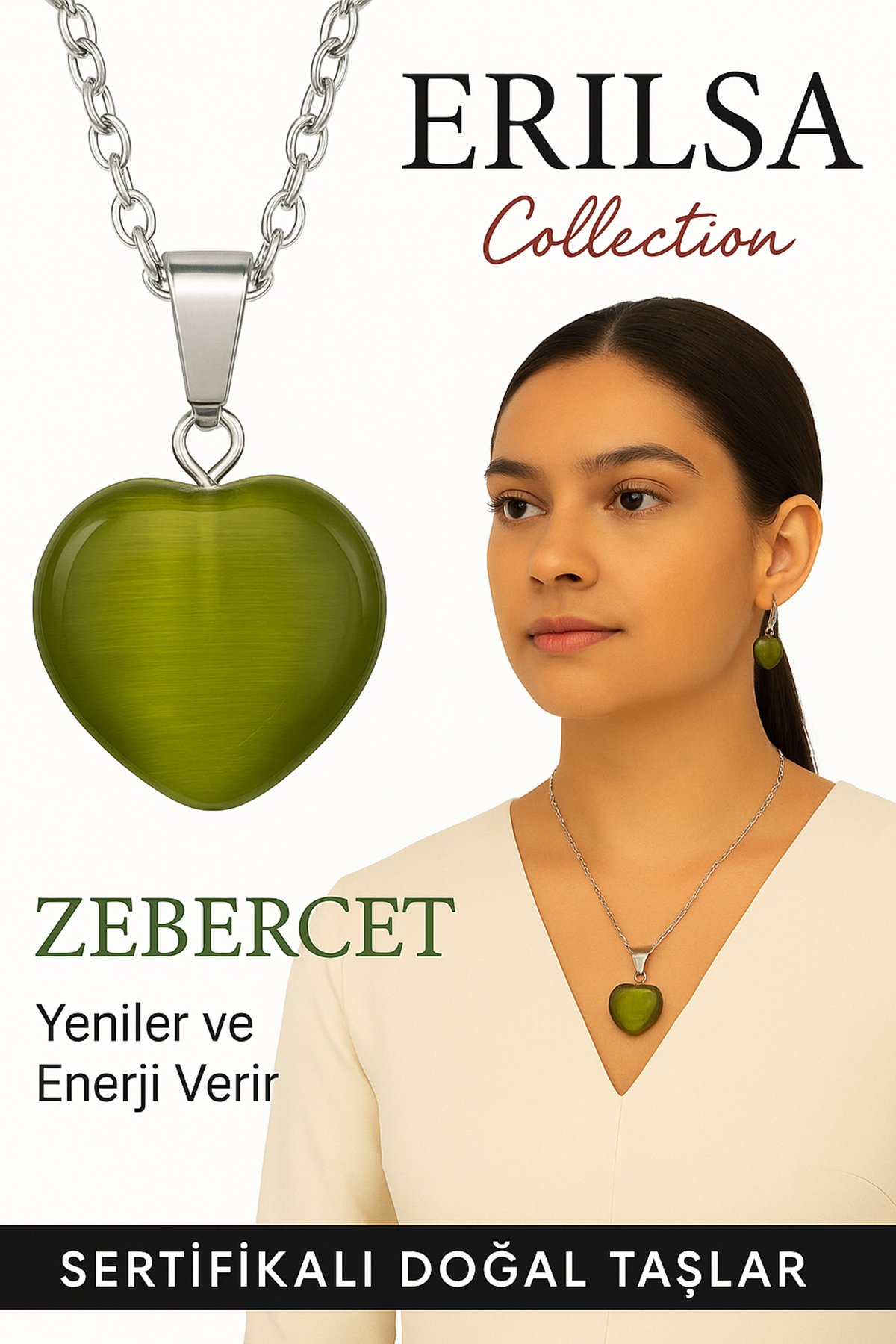 Sertifikalı Kalp Model Zebercet (Peridot) Taşı Kolye – Şans, Arınma ve Kalp Açıcı Enerji