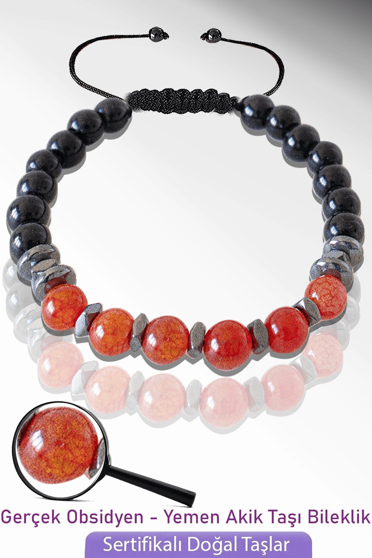 Sertifikalı Doğal Obsidyen - Yemen Akik Taşı Bileklik - Ayarlamalı