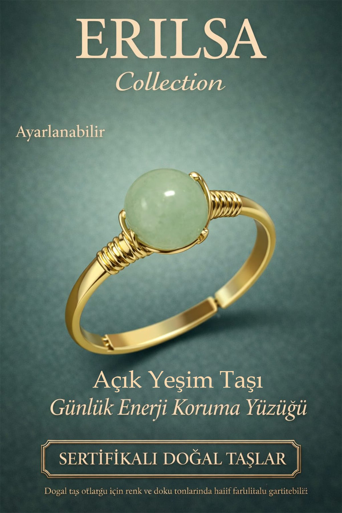 Sertifikalı Günlük Enerji Koruma Yüzüğü – Yeşim Taşı Ayarlanabilir Gold İnce Terazi Balık Burcu