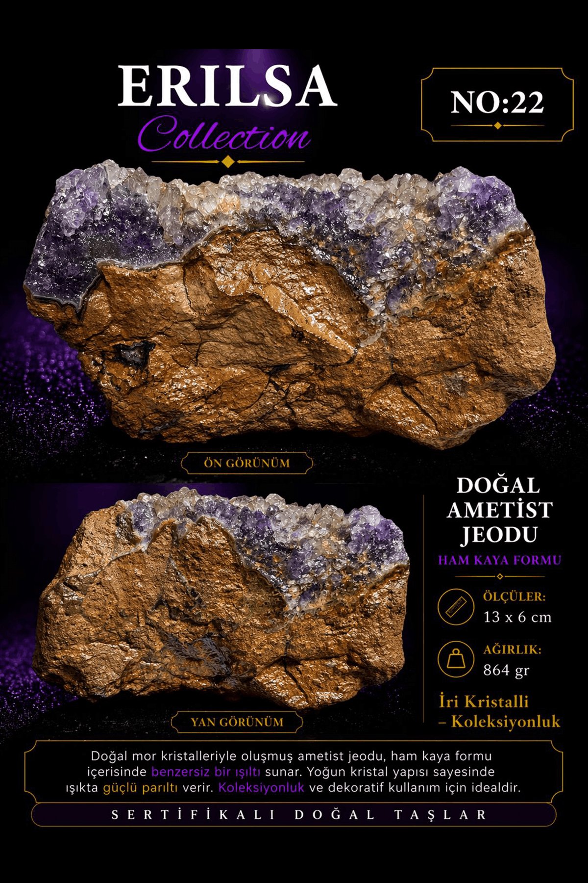 Sertifikalı Doğal Ametist Jeodu Taşı Kütle İri Kristalli Uzun Form Ham Kaya Mor Ametist Büyük 