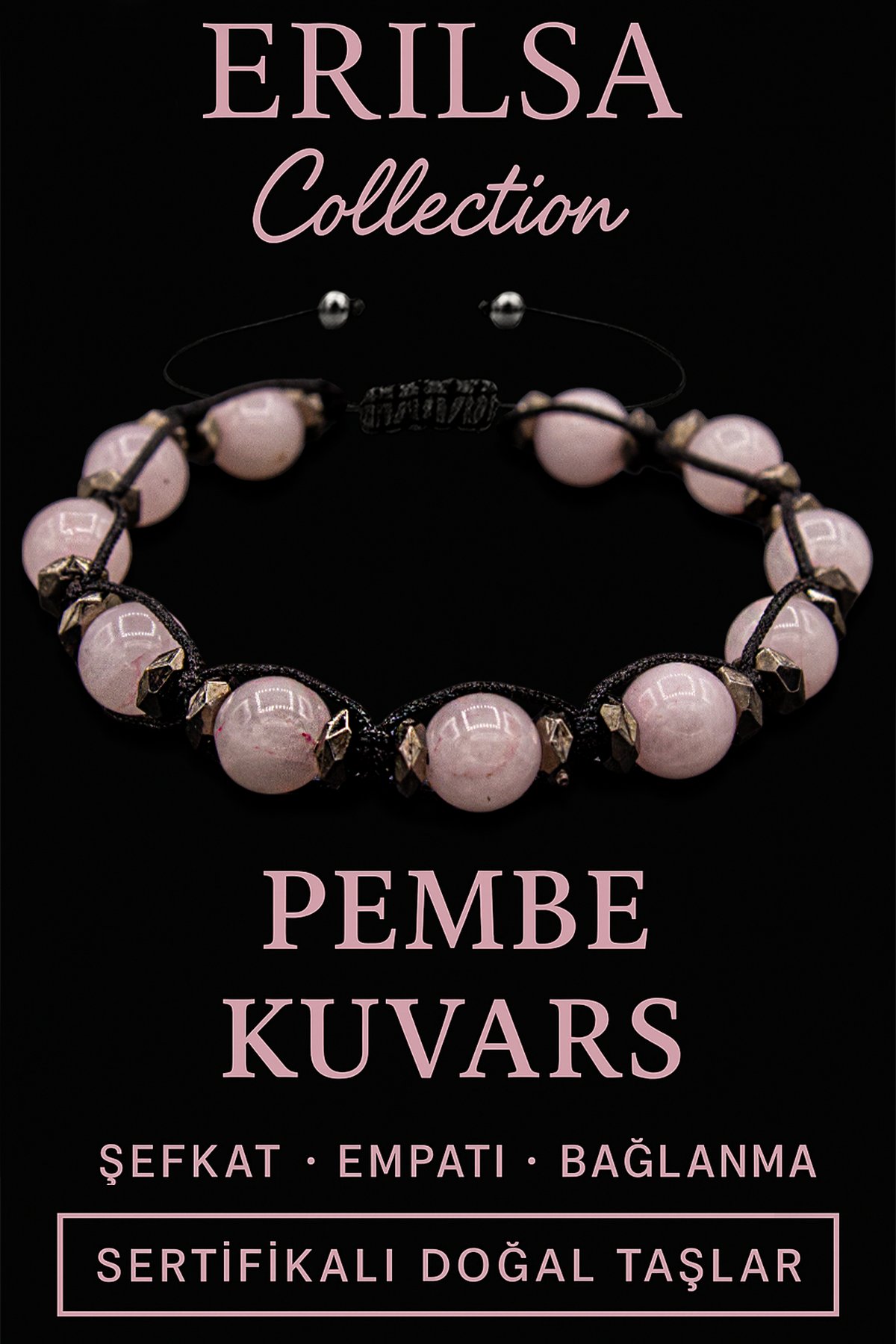 Sertifikalı Terahertz &amp; Pembe Kuvars Taşı Bileklik – Sevgi, Şefkat ve Enerji Koruması