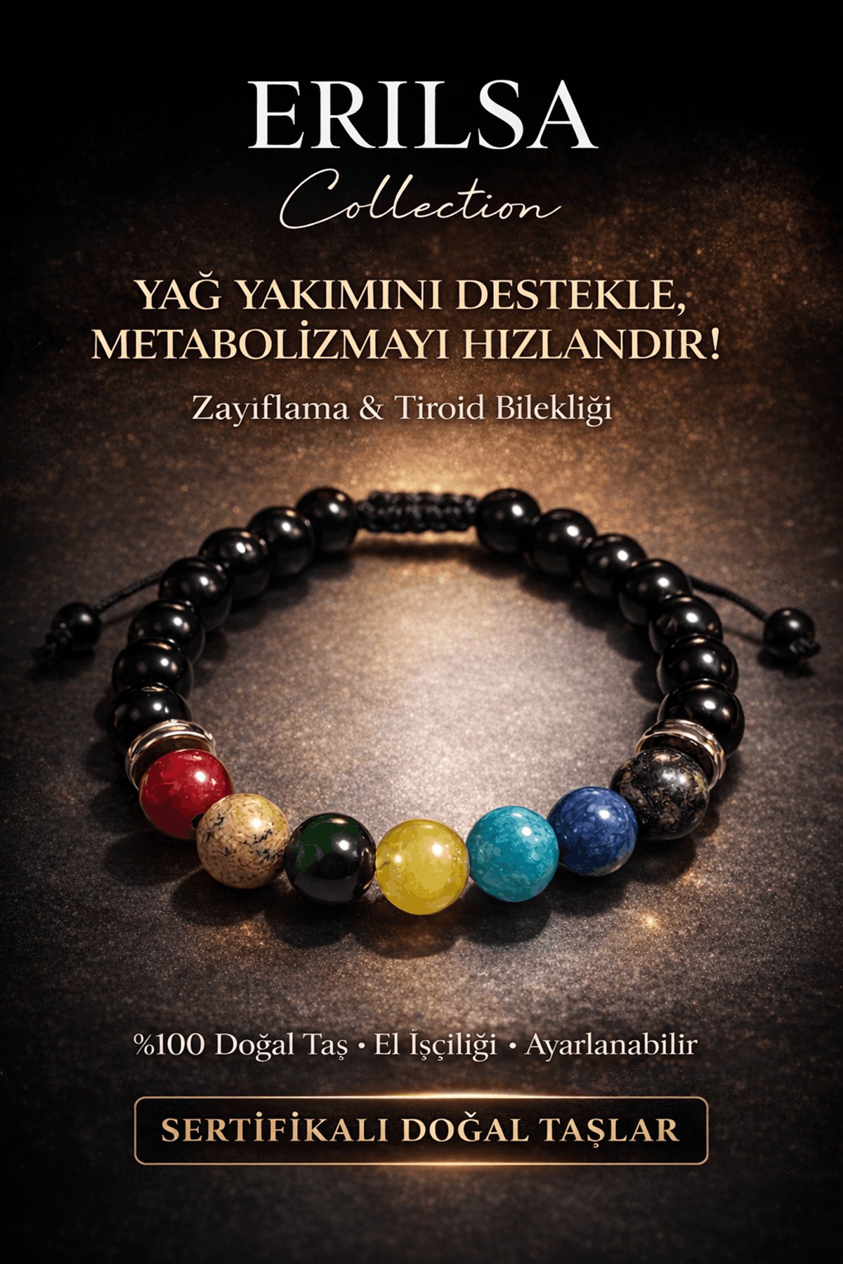 Sertifikalı Zayıflama Tiroid Guatr Bilekliği - Akik Jasper Zebercet Kalsit Amazonit Sodalit Serpanti