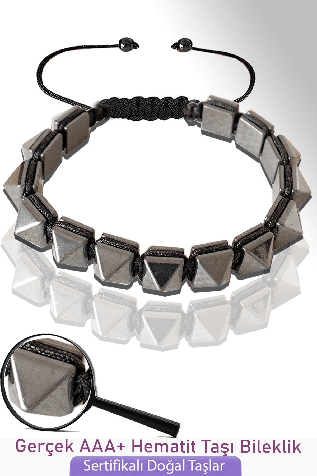 Sertifikalı Elmas Kesim Gerçek Silver Hematit Taşı Bileklik - Ayarlamalı