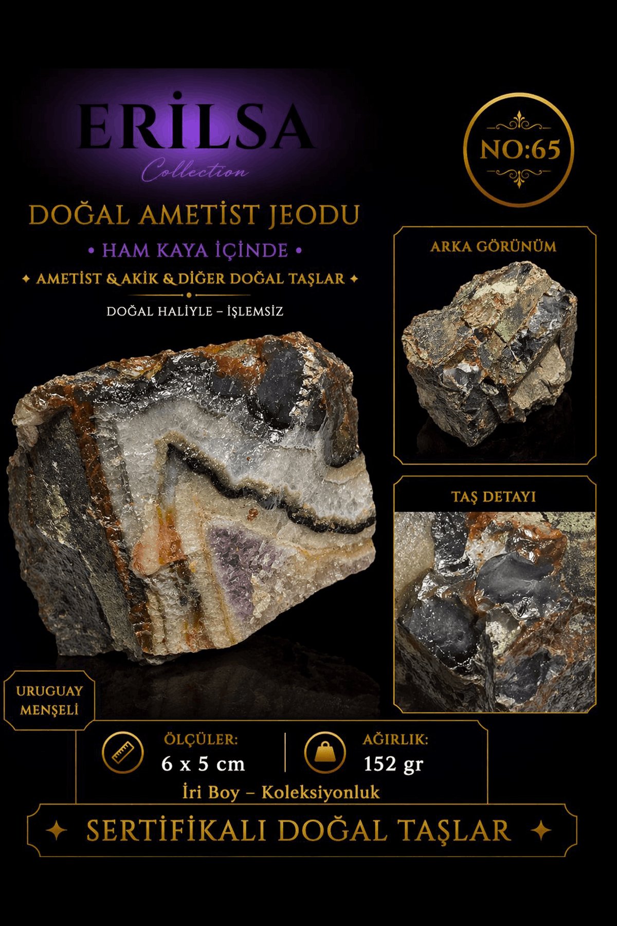 Sertifikalı Doğal Ametist Jeodu Akik Bantlı Kristal Kuvars ve Doğal Taş Parçası NO65