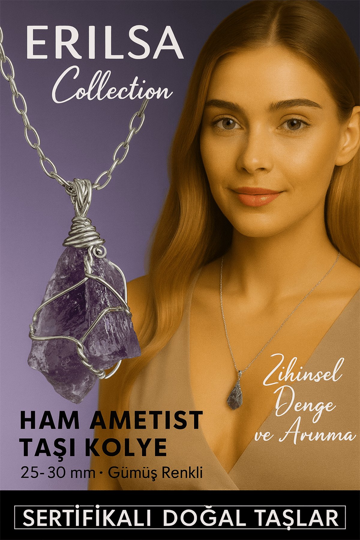 Sertifikalı Ham Doğal Ametist Taşı Kolye – 20-30 mm Huzur ve Ruhsal Denge Taşı