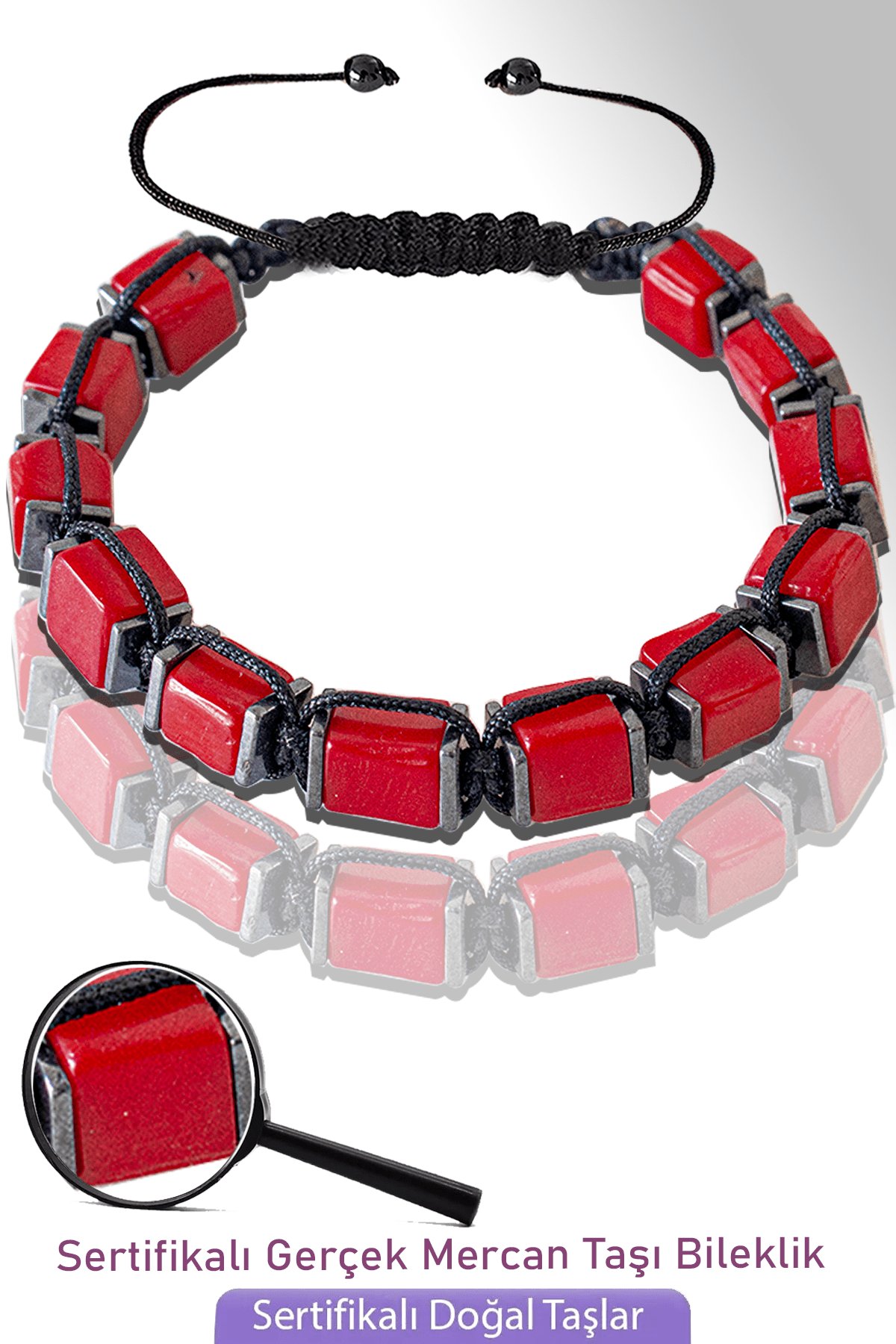Sertifikalı Boyasız Gerçek Terahertz - Kırmızı Mercan Taşı Bileklik - Ayarlamalı