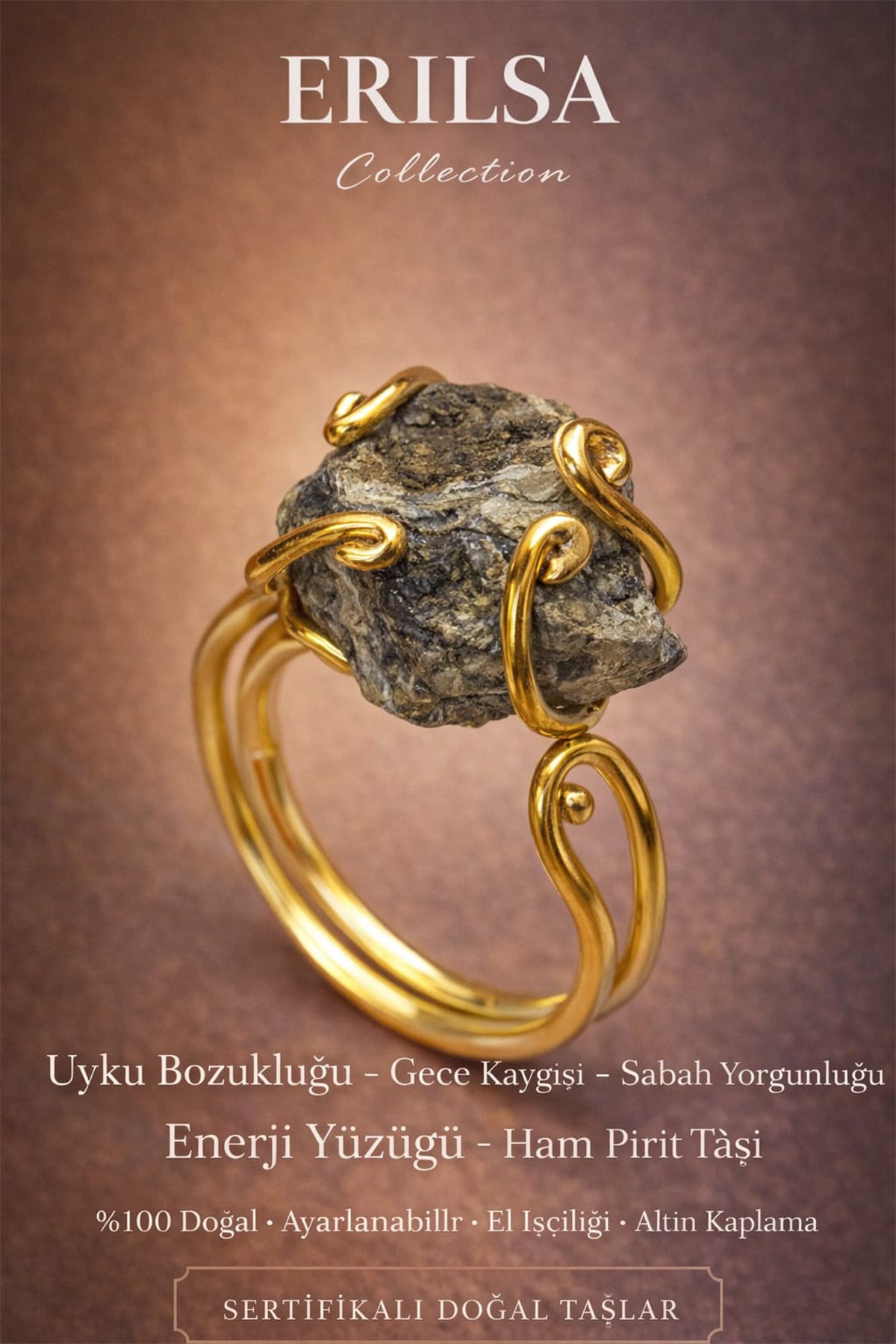 Sertifikalı Uyku Bozukluğu Gece Kaygısı Sabah Yorgunluk Enerji Yüzüğü – Ham Pirit Taşı – Ayarlamalı