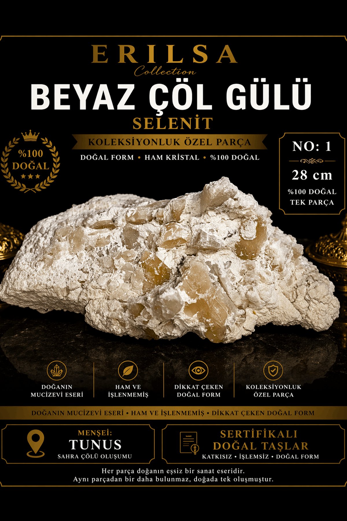 Sertifikalı Beyaz Çöl Gülü Selenit Taşı Kütle - 28 cm Dev Boy Koleksiyonluk Tek Parça