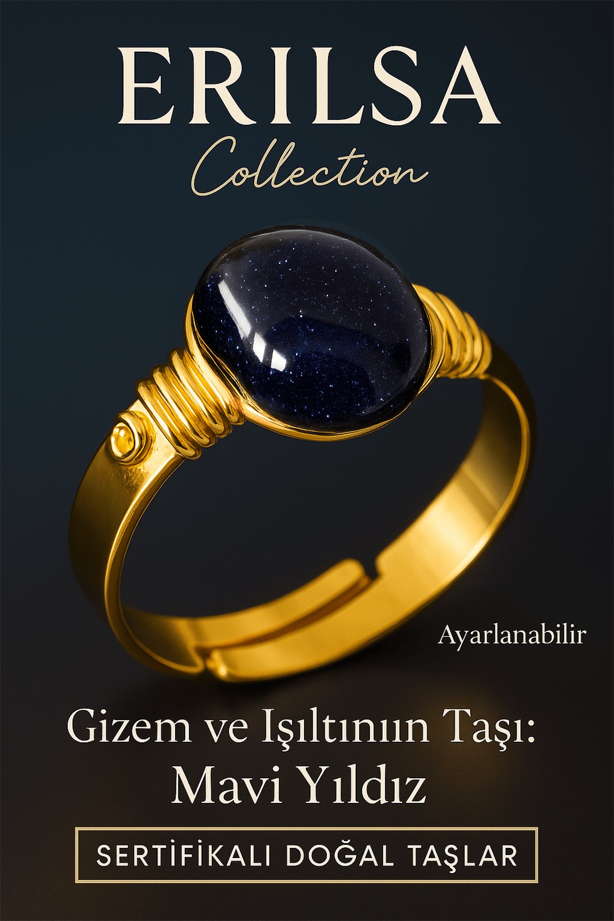 Sertifikalı Gizem ve Işıltının Taşı Yüzüğü – Mavi Yıldız Taşı – Ayarlanabilir Altın Renk Kasa