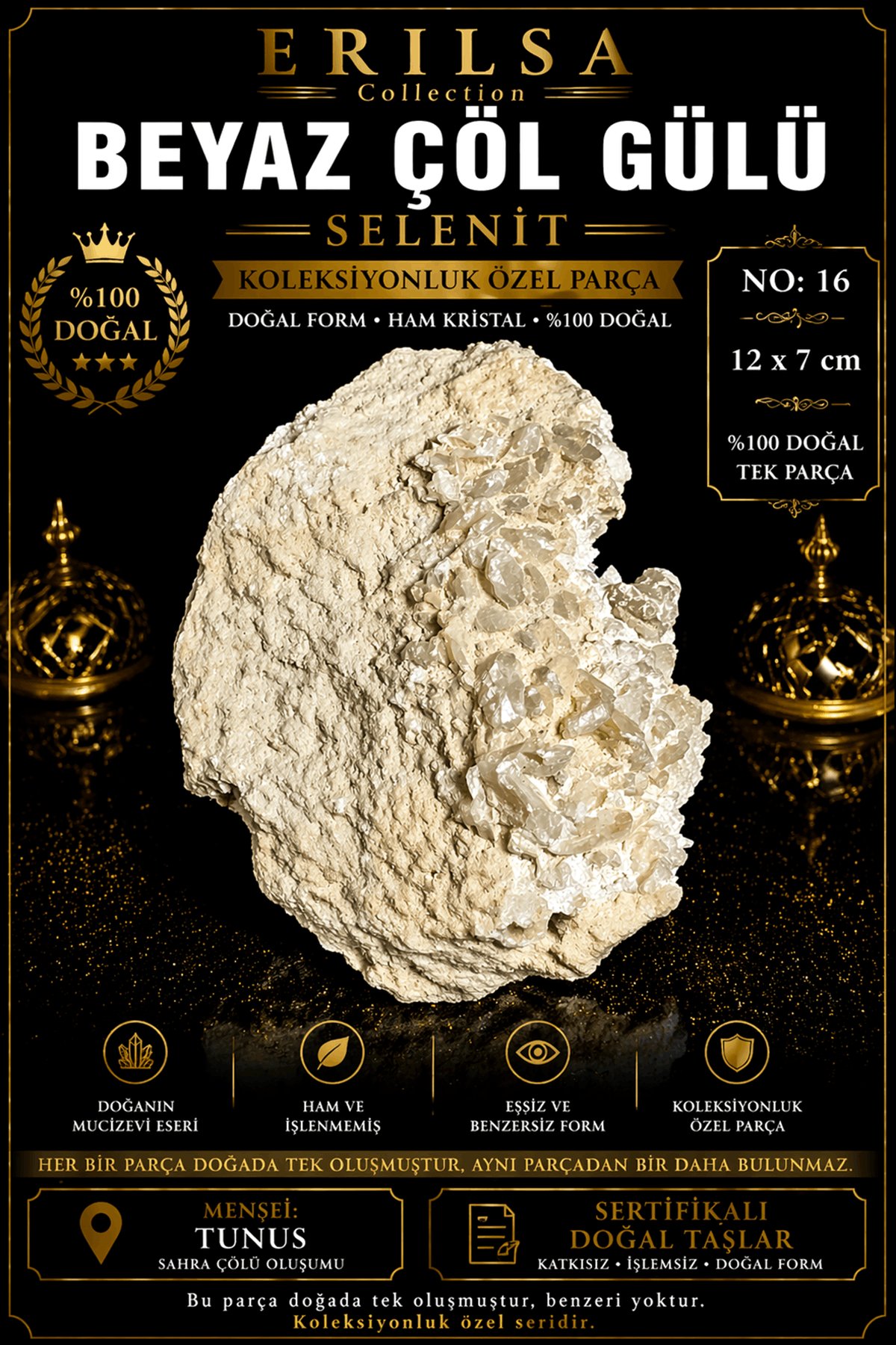 Sertifikalı Beyaz Çöl Gülü Selenit Taşı Kütle - 12x7 cm Koleksiyonluk Doğal Tek Parça