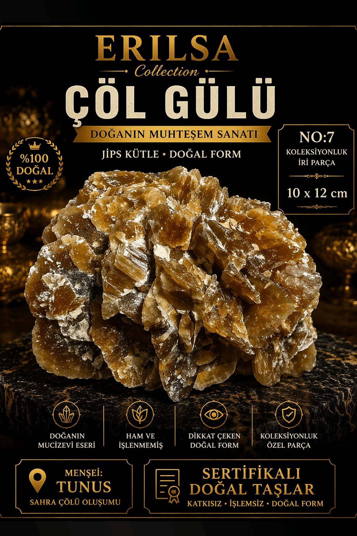 Sertifikalı Çöl Gülü Taşı Kütle - 10x12 cm Koleksiyonluk İri Doğal Jips Kütle Tek Parça