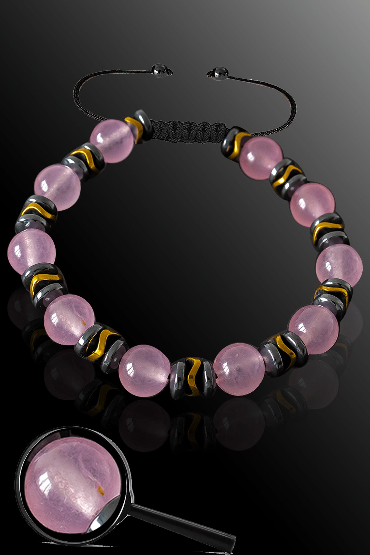 Sertifikalı Parlak Hematit - Pembe Kuvars Taşı Bileklik - Ayarlamalı