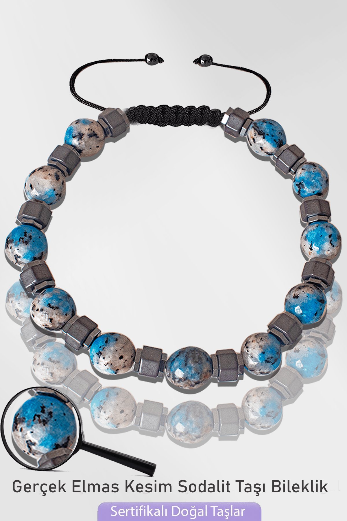 Sertifikalı Silver Hematitli Fasetli Sodalit Taşı Bileklik - Ayarlamalı