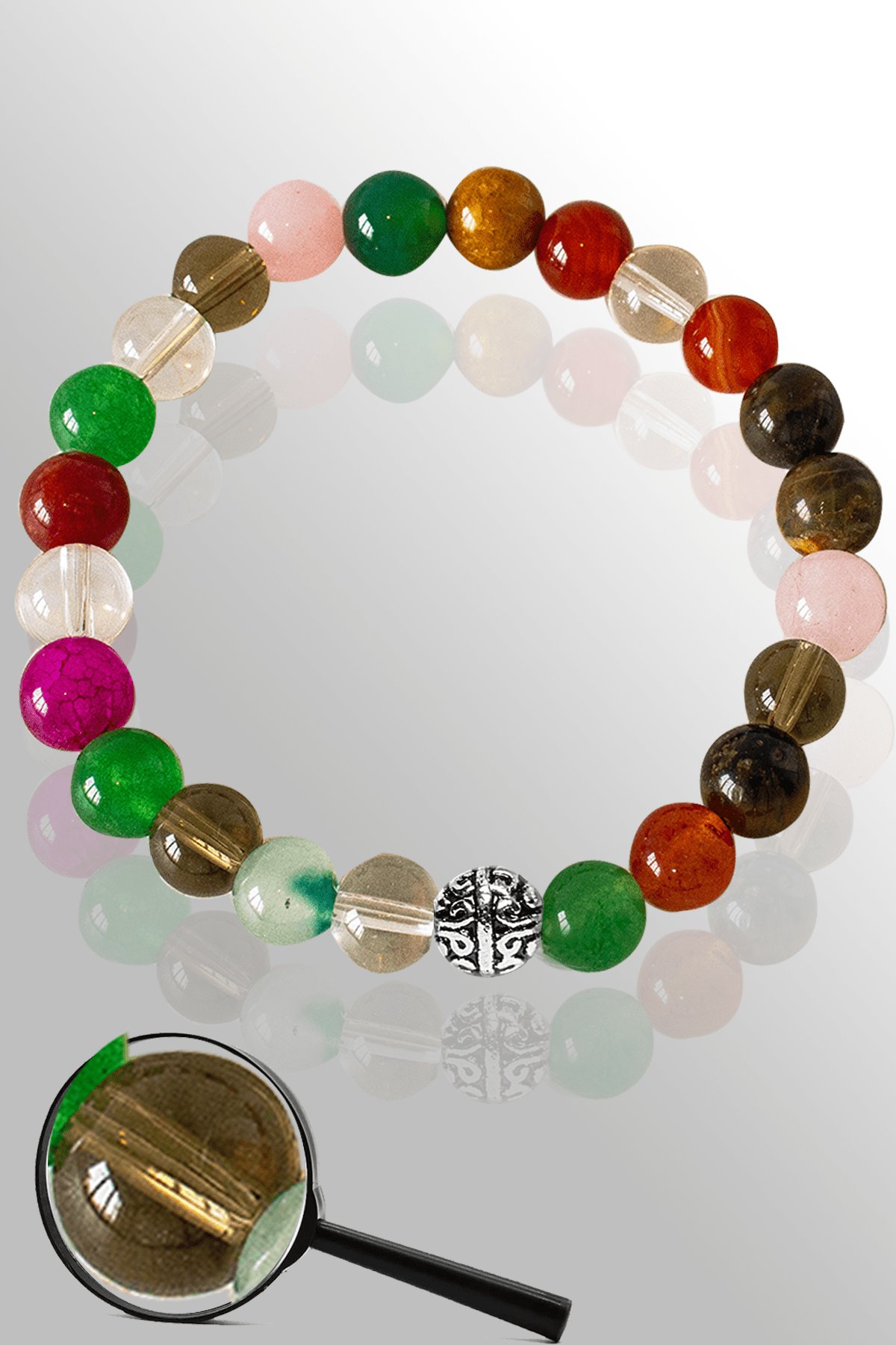 Sertifikalı Gümüş 7 Çakra Doğal Taş Bileklik - Akik,Kaplan Gözü,Kristal Kuvars,Pembe Kuvars,Yeşim