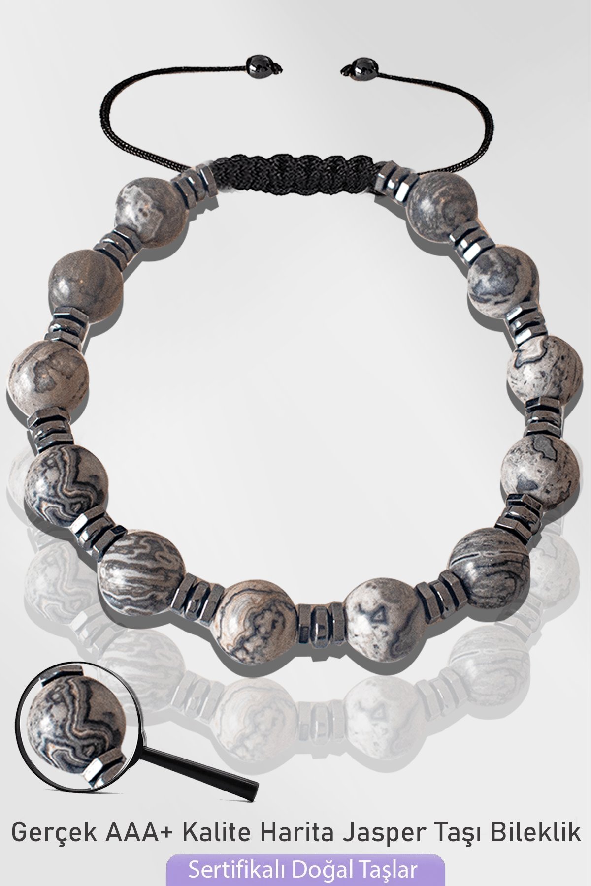 Sertifikalı Silver Hematitli Doğal Gri Harita Jasper Taşı Bileklik - Ayarlamalı