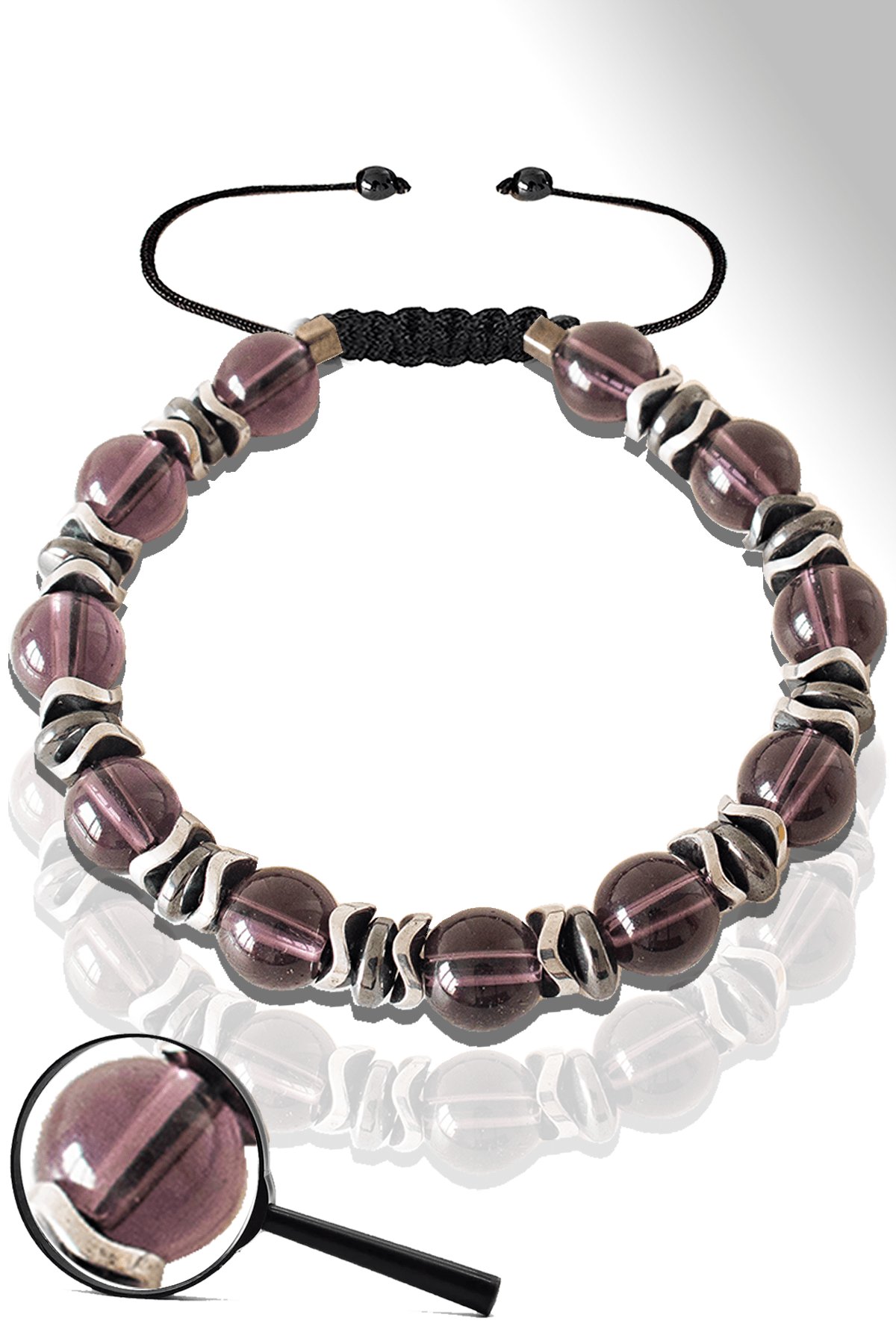 Sertifikalı Silver Hematitli Fuşya Cam Kuvars Taşı Bileklik - Ayarlamalı