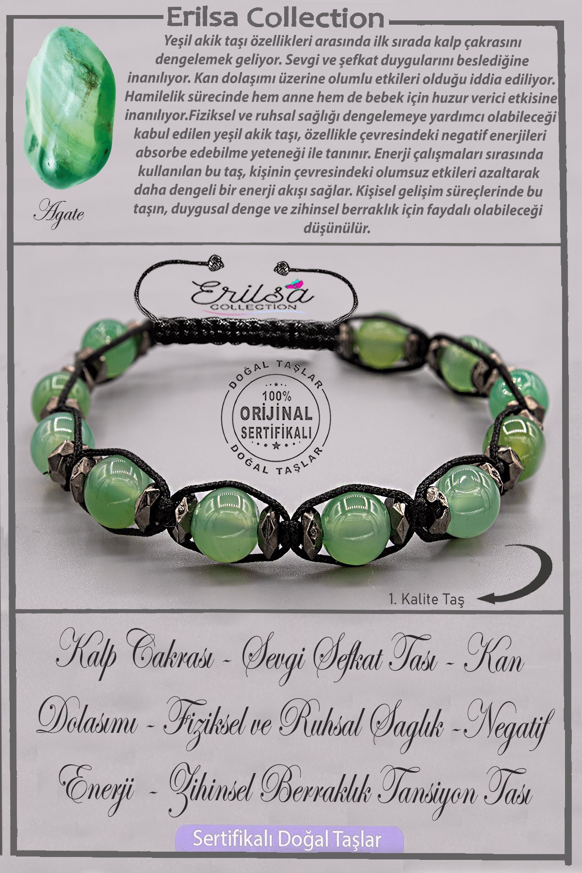 Sertifikalı AAA+ Kalite Gerçek Terahertz - Yeşil Akik Taşı Bileklik - Ayarlamalı