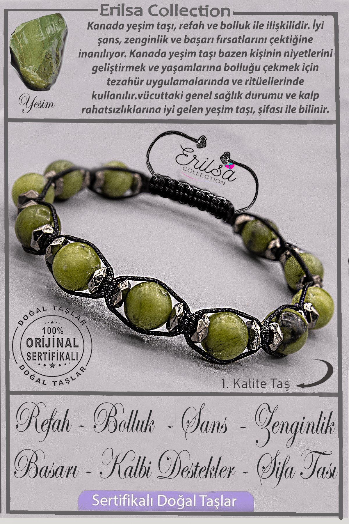 Sertifikalı Gerçek AAA+ Kalite Terahertz - Kanada Yeşim Taşı Bileklik