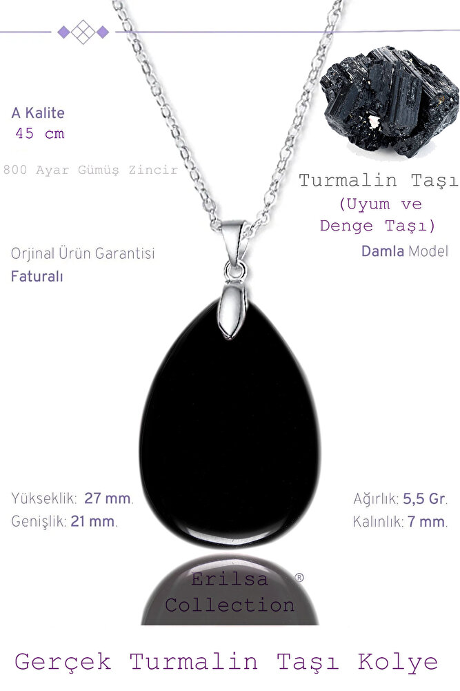Sertifikalı Damla Model Siyah Turmalin Taşı Kolye (GÜMÜŞ APARATLI)