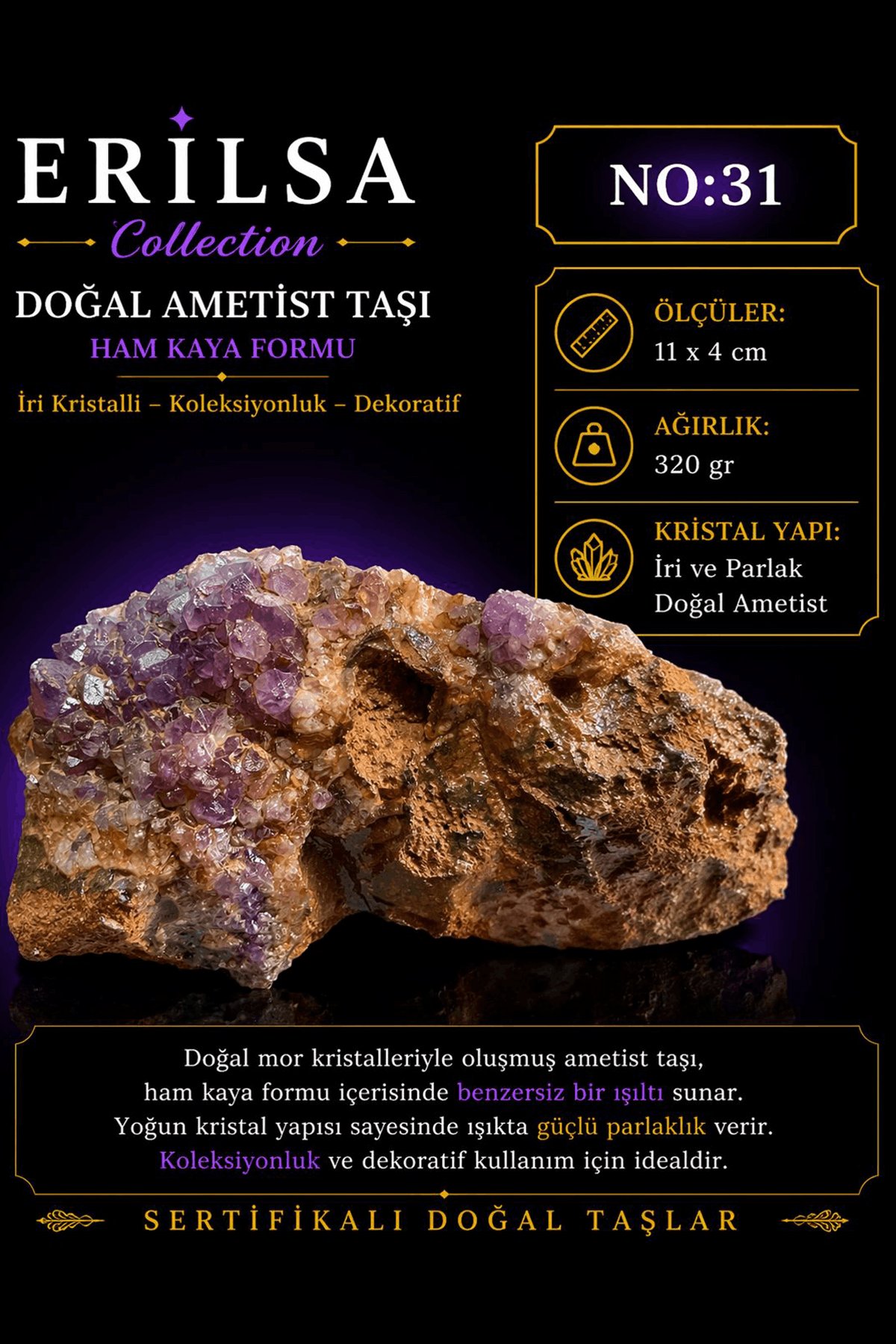 Sertifikalı Doğal Ametist Taşı Kütle Ham Kaya İri Kristalli Koleksiyonluk Dekoratif NO31