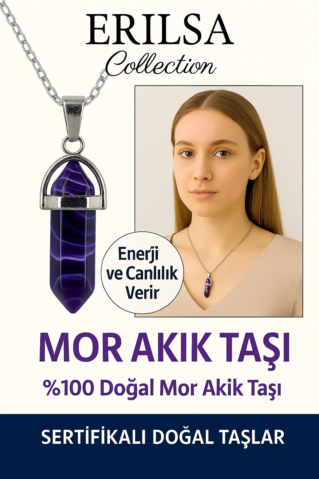 Sertifikalı Çivi Model Mor Akik Taşı Kolye – Ruhsal Denge ve Huzur Veren Doğal Taş