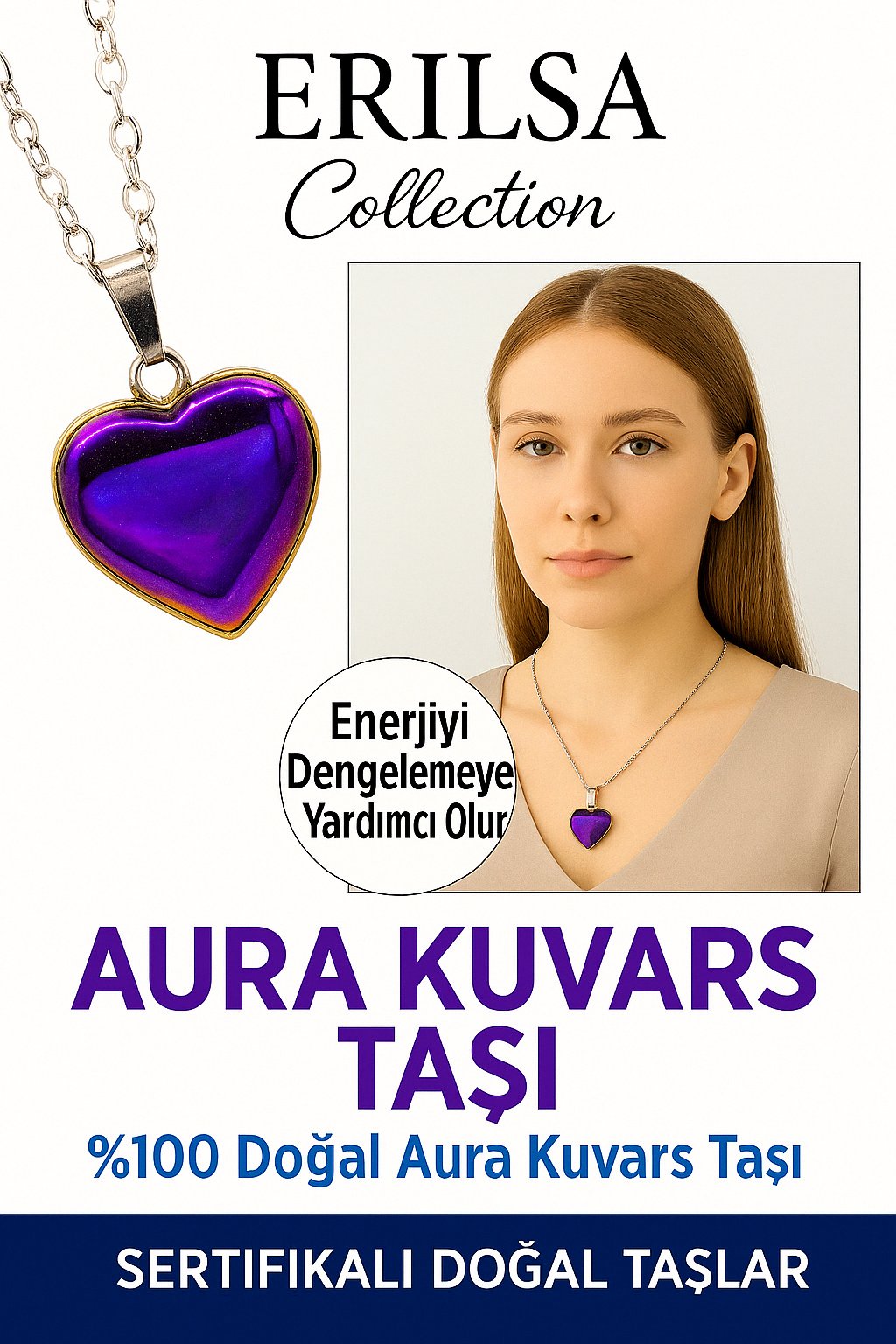 Sertifikalı Kalp Model Mavi Aura Kuvars ve Hematit Kolye – Negatif Enerjiye Karşı Kalkan