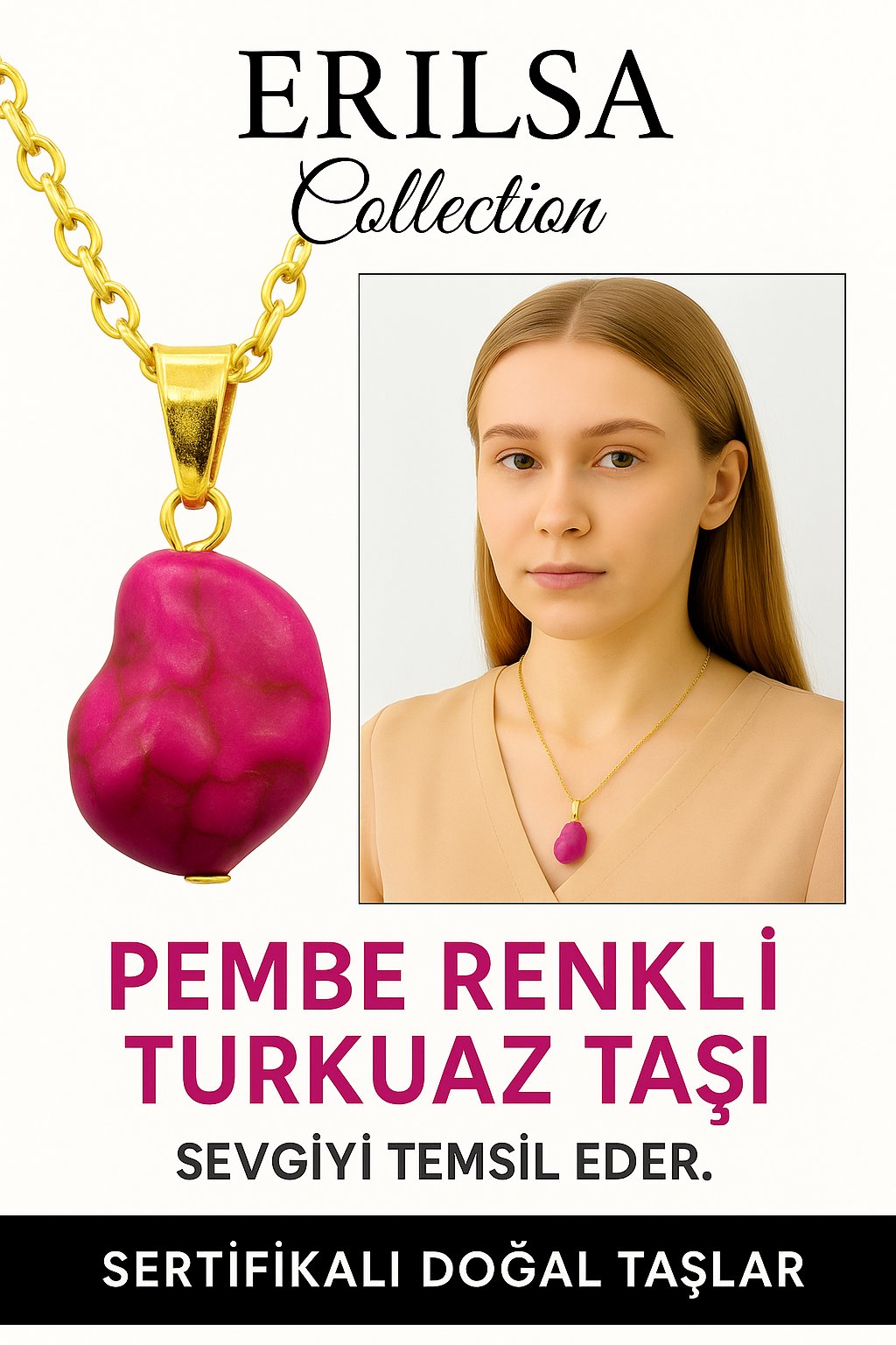 Sertifikalı Ham İşlenmemiş Pembe Turkuaz Taşı Kolye – Sevgi, Huzur ve Pozitif Enerji Taşı