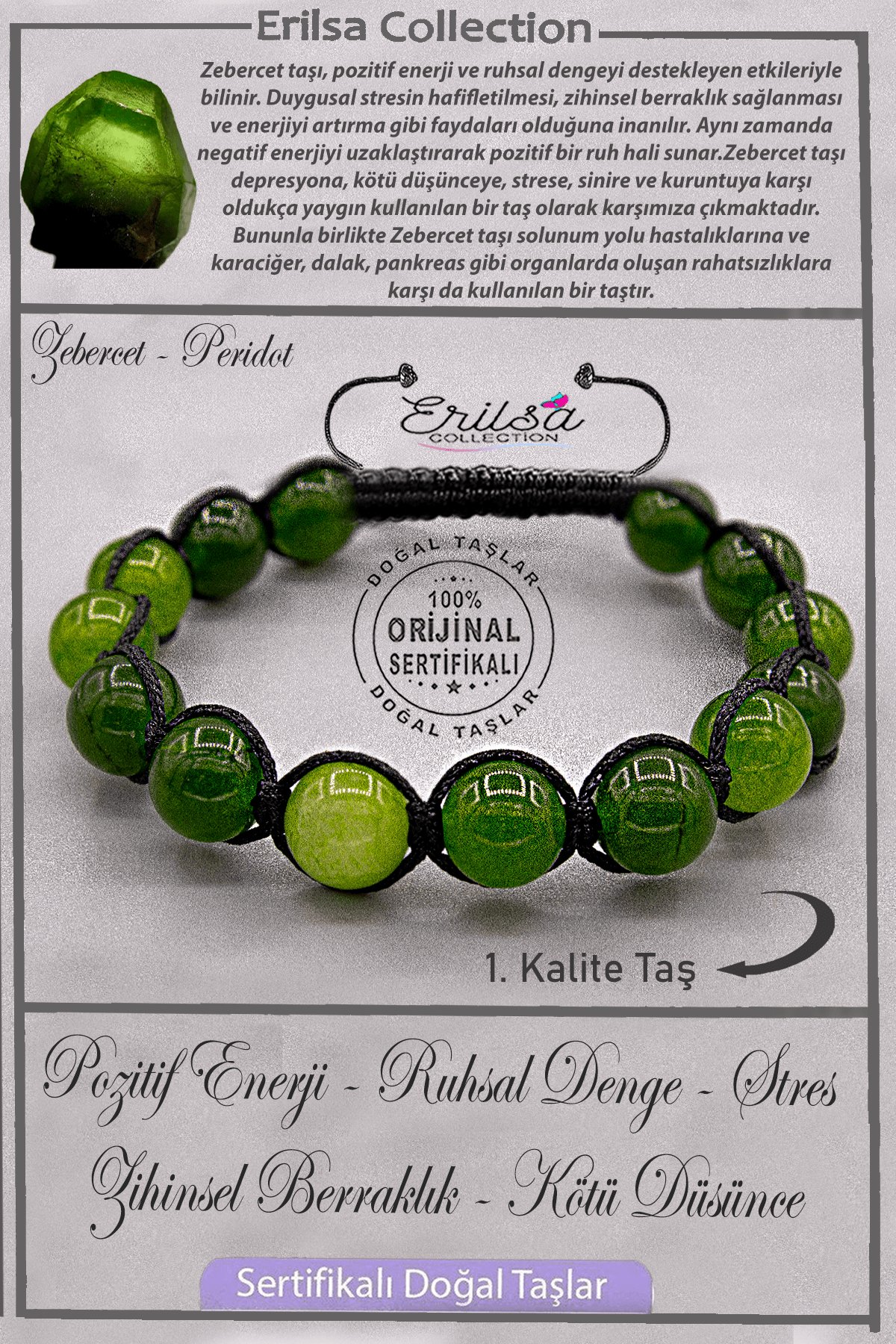 Sertifikalı AAA+ Kalite Gerçek Zebercet Taşı Bileklik - Peridot