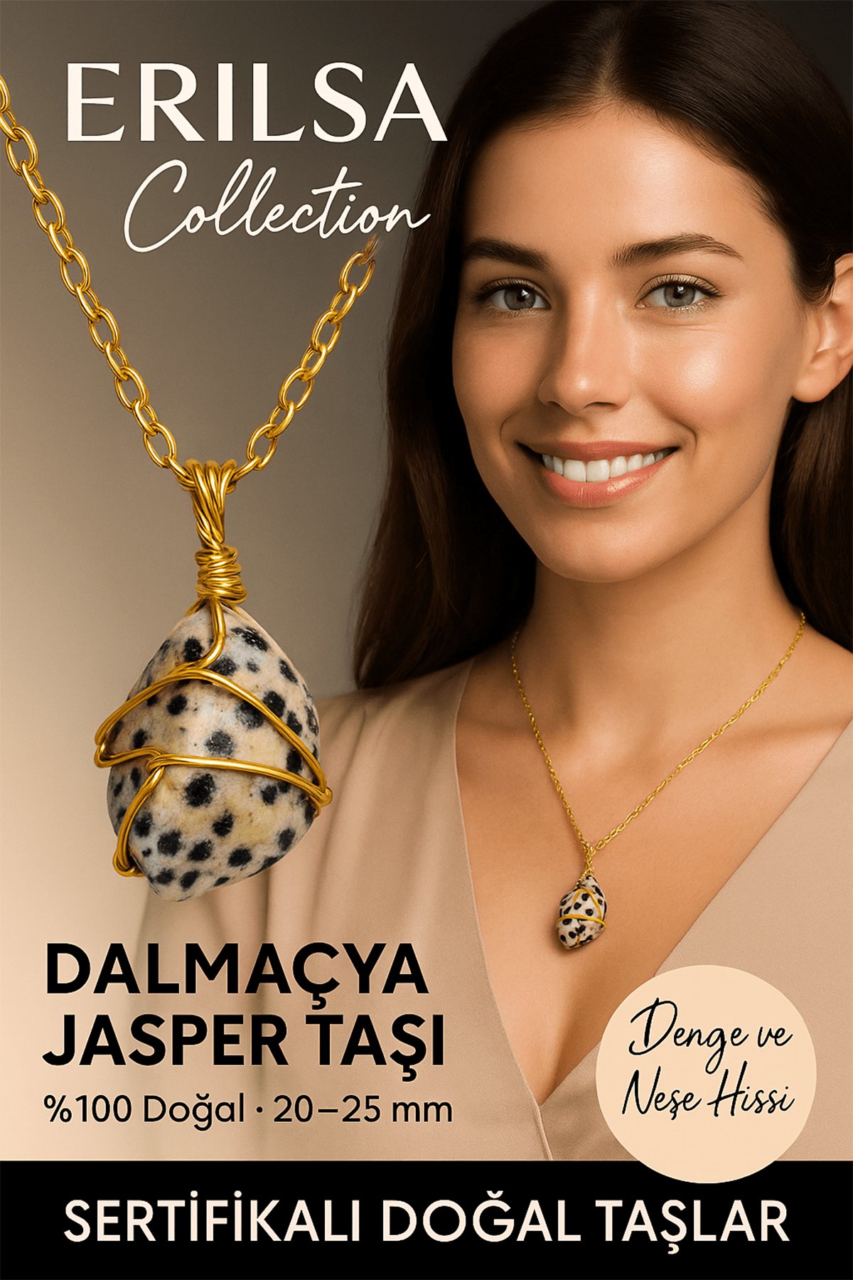 Sertifikalı Gold Renkli Doğal Tel Sargılı Dalmaçya Jasper Taşı Kolye – Denge ve Neşe Taşı