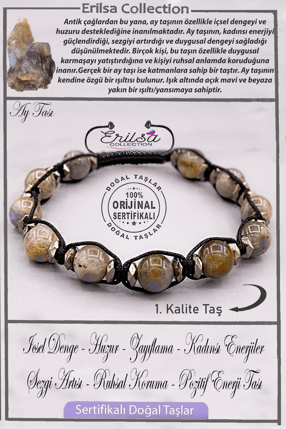 Sertifikalı AAA+ Kalite Gerçek Orijinal Terahertz - Ay Taşı Bileklik - Yansımalı