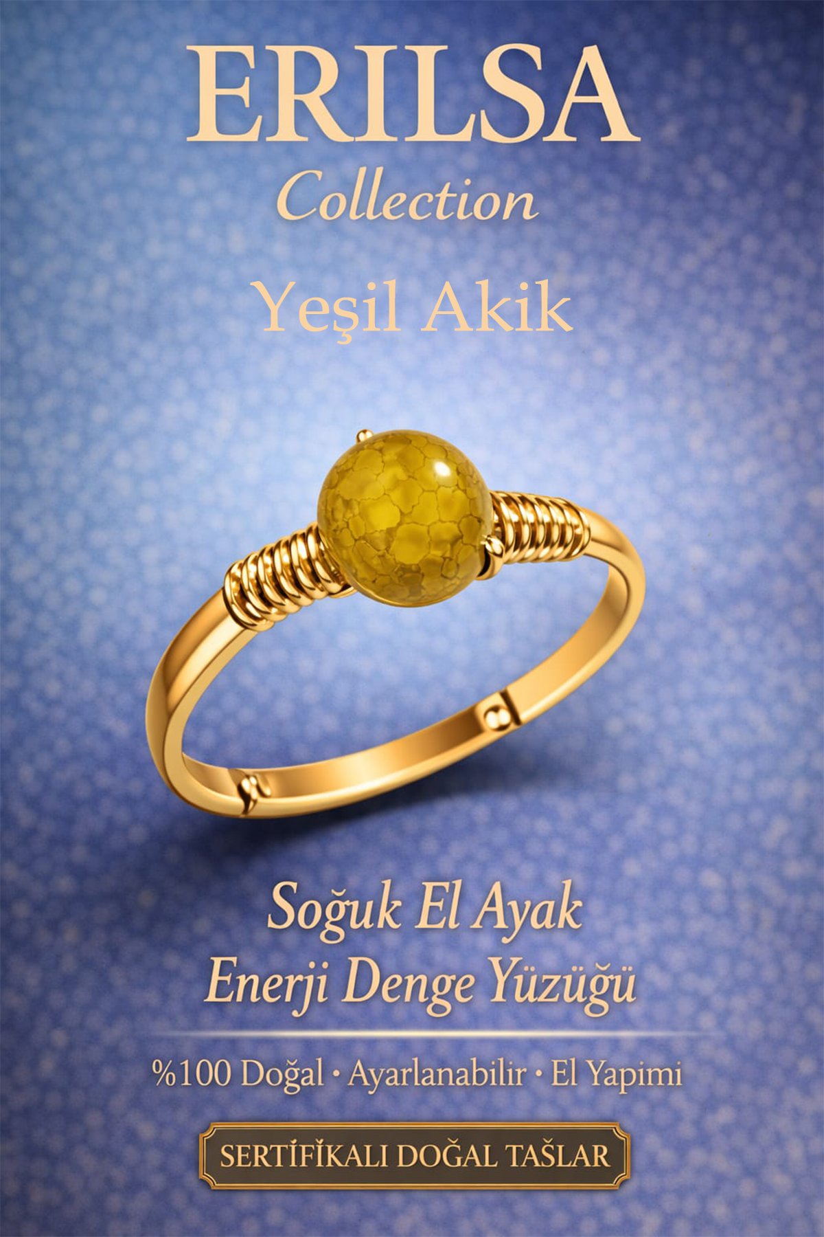 Sertifikalı Soğuk El Ayak Enerji Yüzüğü – Yeşil Akik Ayarlanabilir Gold İnce Kasa Yengeç Balık Burç