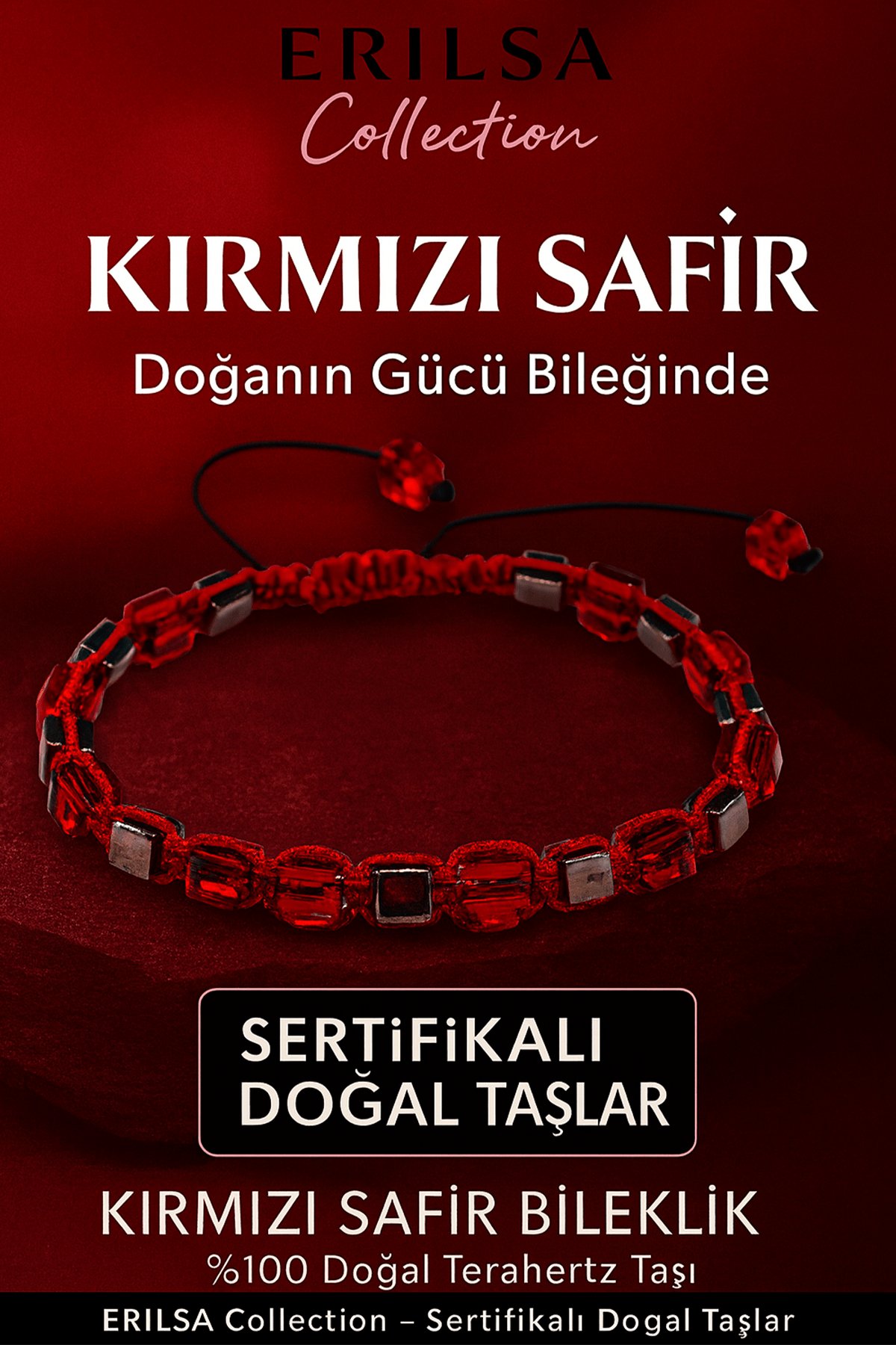 Sertifikalı 8mm Küp Kesim Terahertz - Kırmızı Safir Doğal Taş Bileklik - Kadın Erkek Şık Tasarım