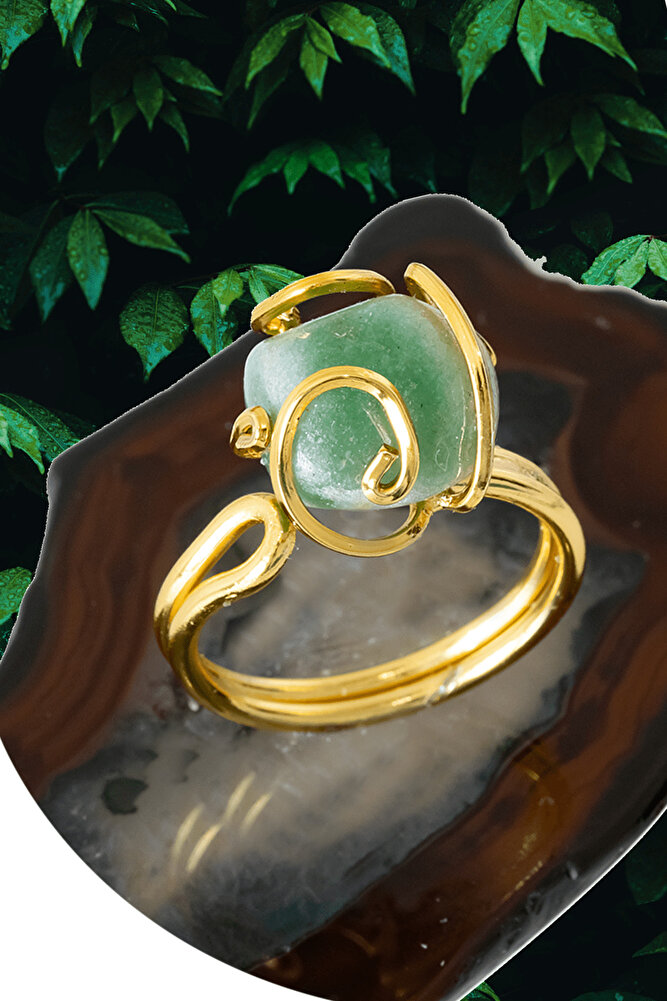 Sertifikalı Gold Rokoko Model Aventurin Taşı Yüzük - Ayarlamalı