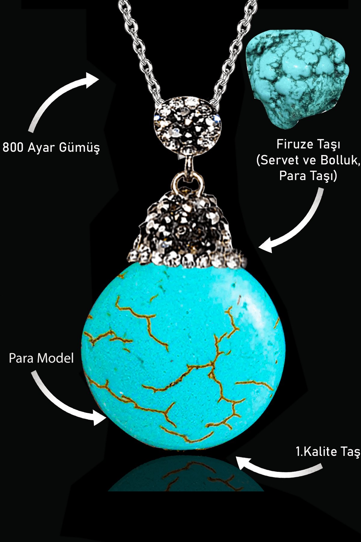 Sertifikalı XL Zirkon Taşlı Para Model Firuze Taşı Kolye (Turkuaz Taşı)