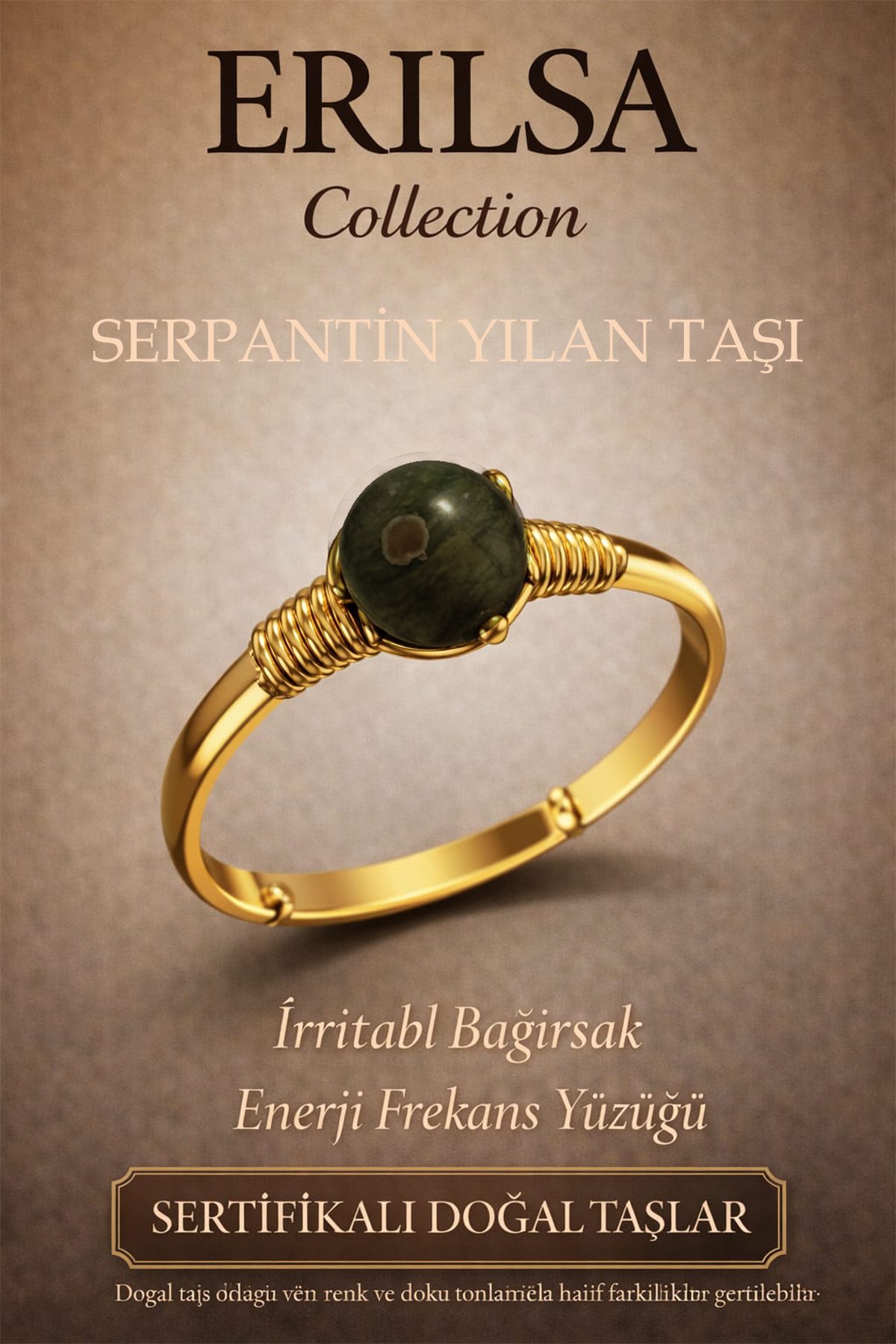 Sertifikalı Sindirim Enerji Denge Yüzüğü – Serpantin Taşı Ayarlanabilir Gold İnce Kasa Yengeç Balık