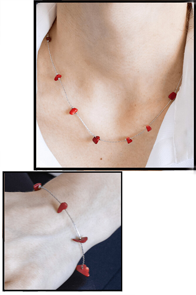 Sertifikalı Kırmızı Mercan Taşlı Doğal Taş Kolye Bileklik Seti