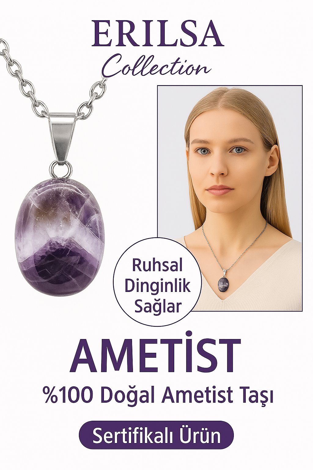 Sertifikalı AAA+ Oval Ametist Taşı Kolye - Gümüş Aparatlı Stresi Azaltır ve Zihni Arındırır