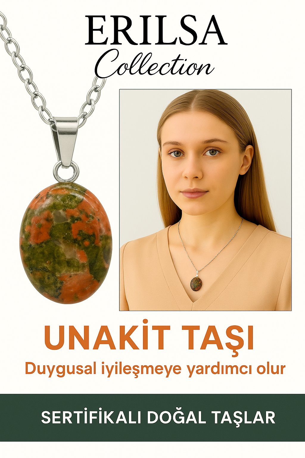 Sertifikalı Oval Unakit Taşı Kolye – Duygusal Şifa, Dengeli Enerji ve Doğal Zarafet