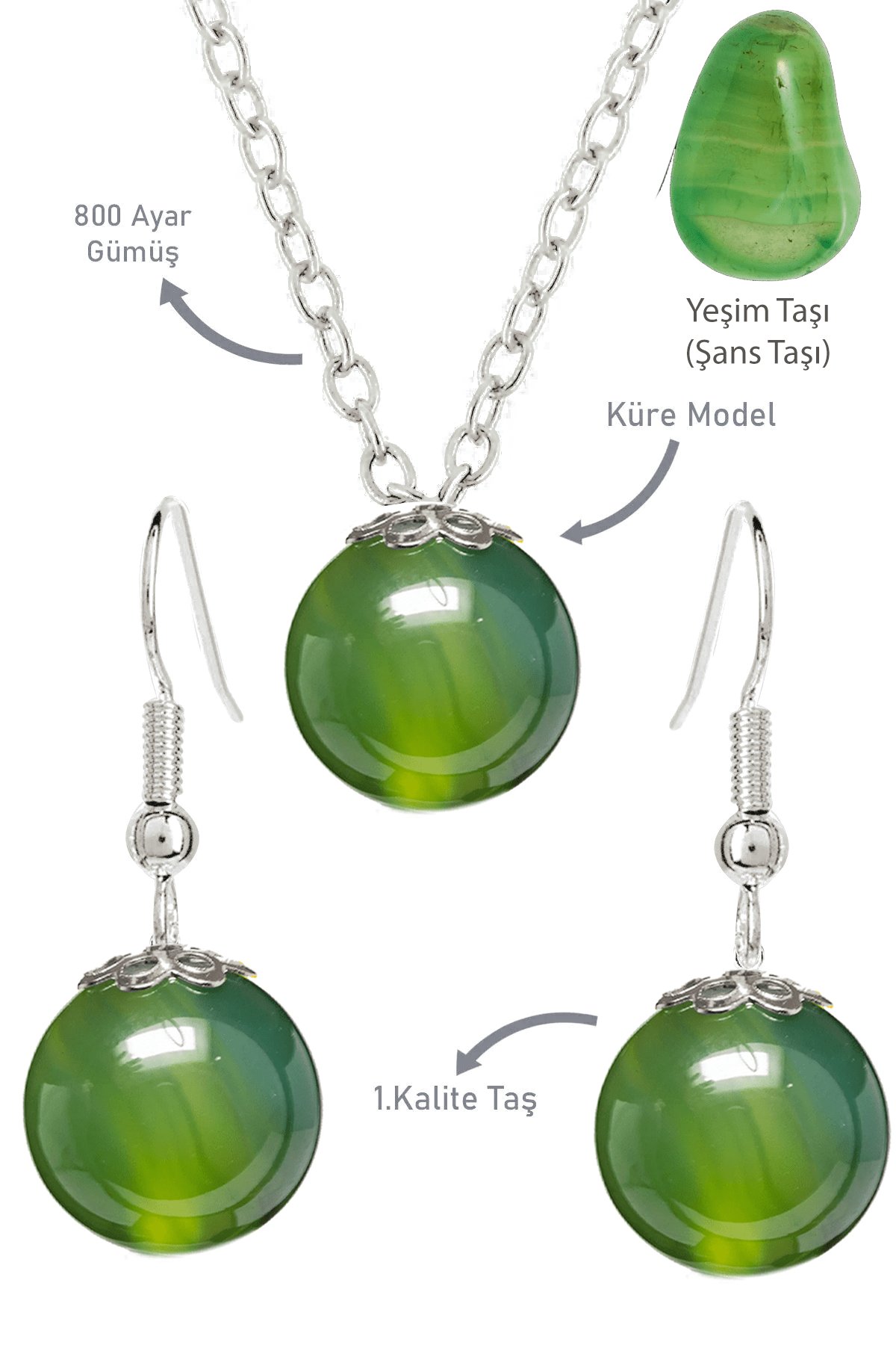 Sertifikalı Gerçek Küre Yeşim Taşı Kolye Ve Küpe Seti - Gümüş Aparatlı