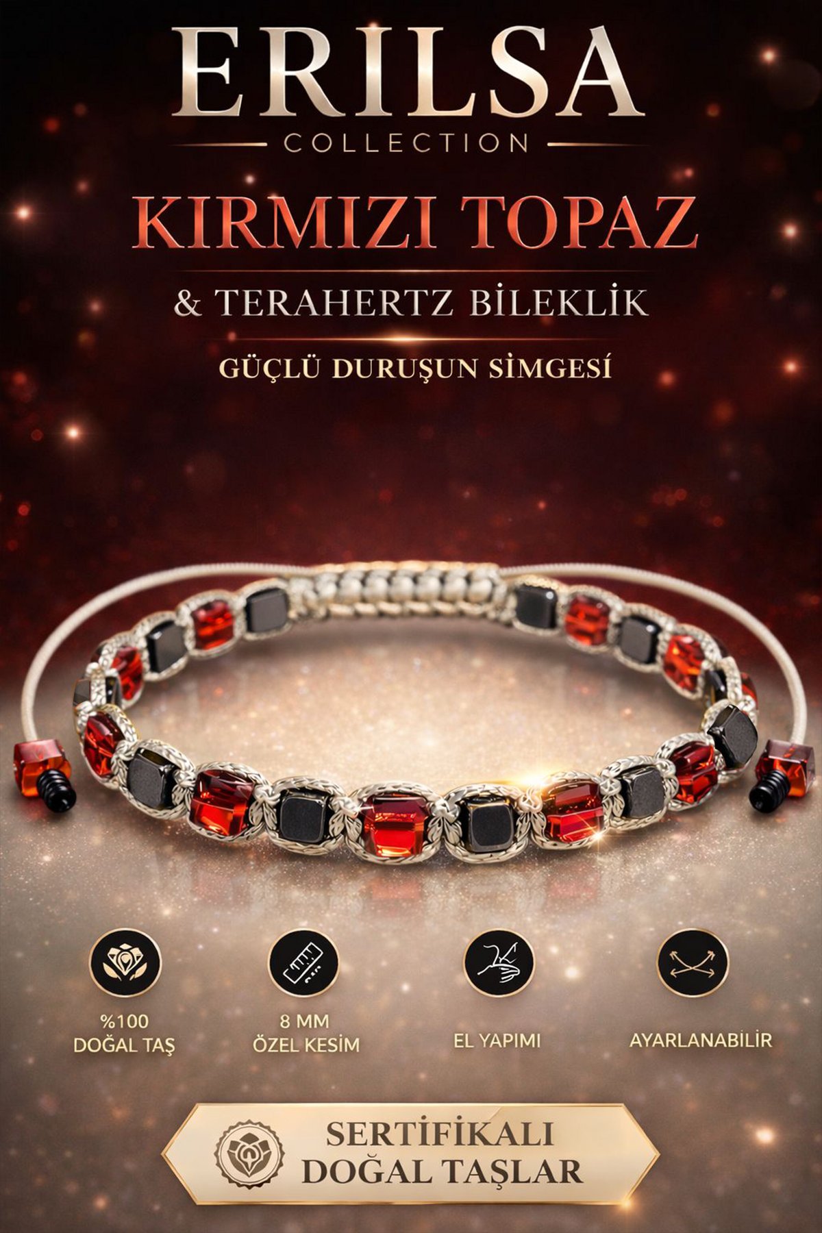 Sertifikalı Kırmızı Topaz Terahertz Bileklik - 8 MM Küp Kesim – Doğal Taş El Yapımı Ayarlanabilir