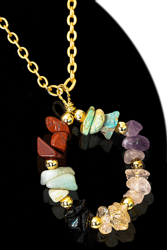 Sertifikalı Kırık Taşlı Model 7 Çakra Kolye - Jasper, Firuze, Ametist, Sitrin, Obsidyen, Amazonit, K