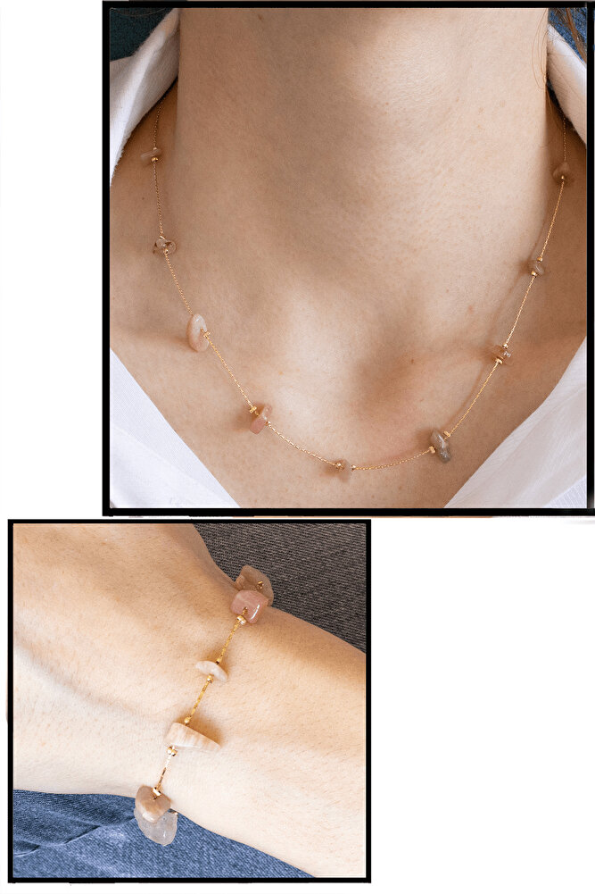 Sertifikalı Gold Güneş Taşlı Doğal Taş Kolye Bileklik Seti